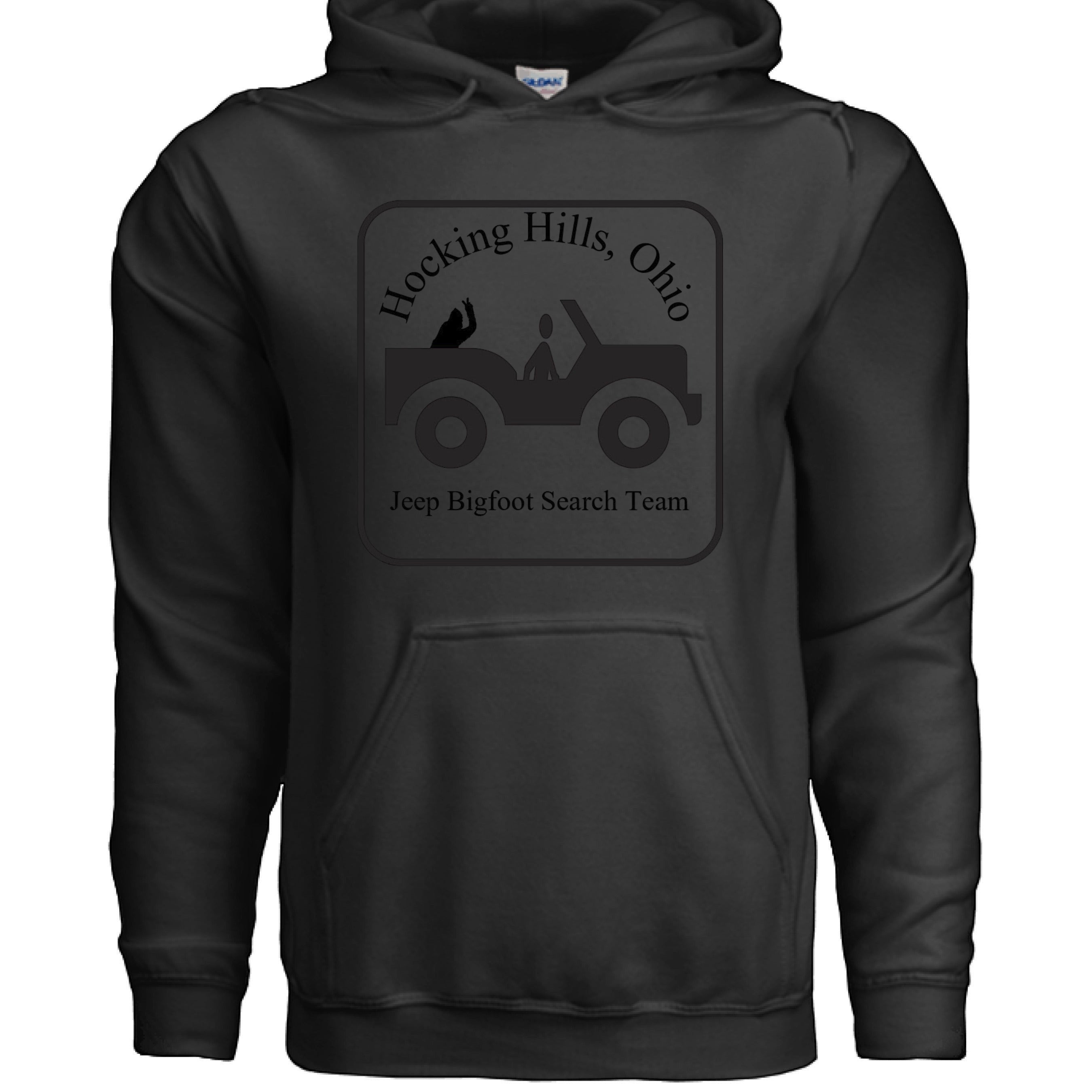 The Hocking Hills Store black cotton-polyester blend hoodie with a Jeep Bigfoot Search Team graphic.