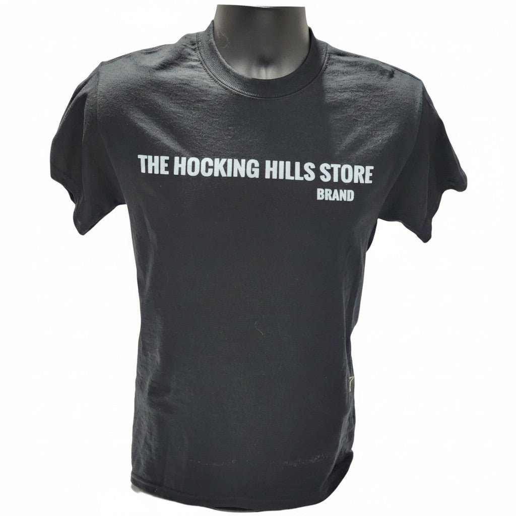 The Hocking Hills Store black cotton t-shirt with white logo on front. Short sleeves, crew neck.