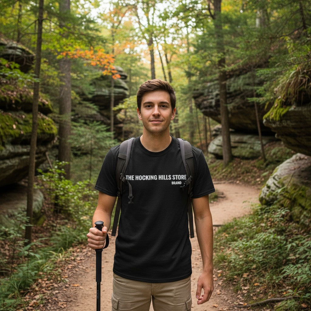 The Hocking Hills Store black cotton t-shirt with white logo on front. Short sleeves, crew neck.