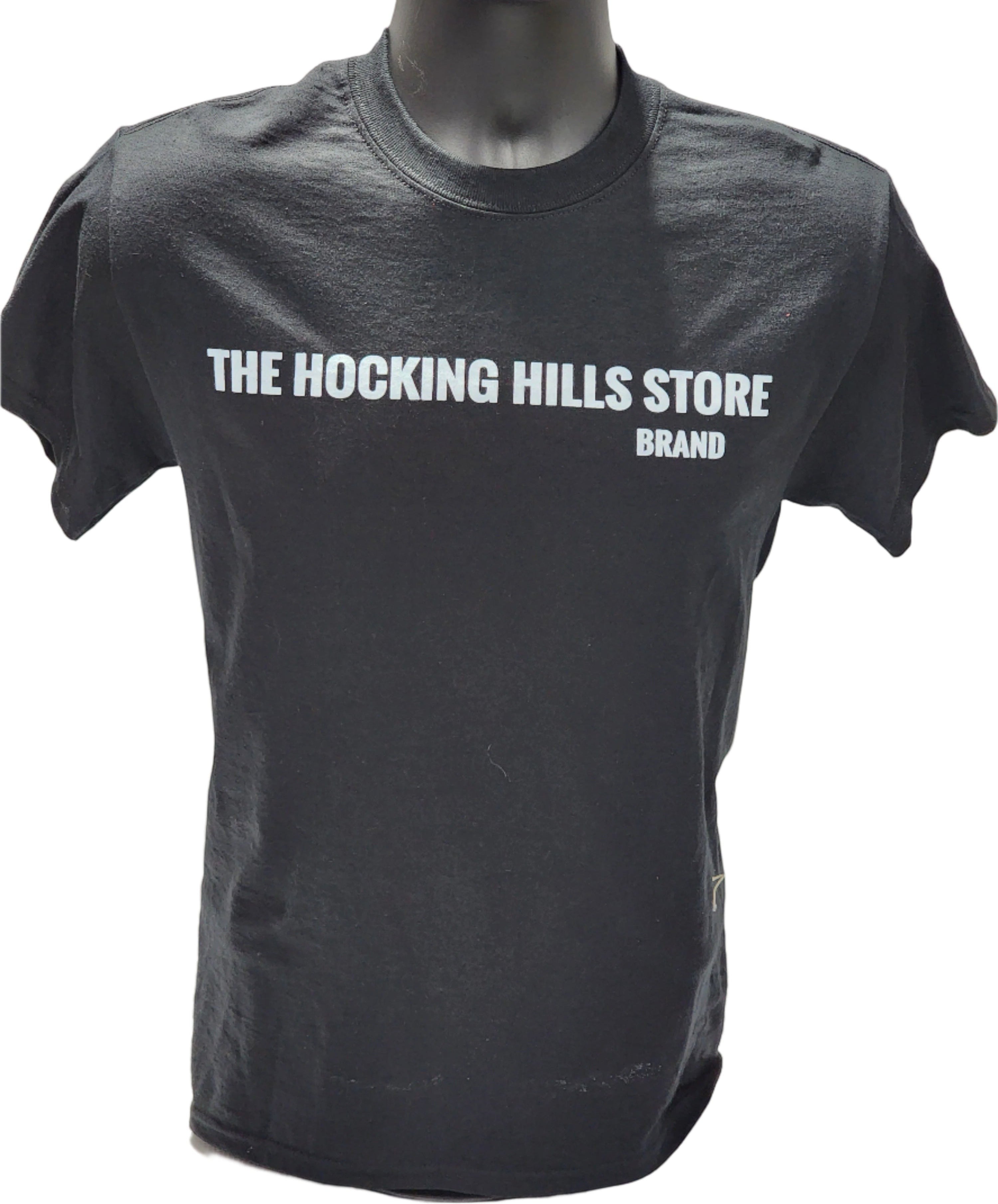 The Hocking Hills Store black cotton t-shirt with white logo on front. Short sleeves, crew neck.
