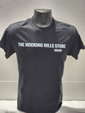 The Hocking Hills Store brand black cotton t-shirt with white logo on front. Short sleeves, crew neck.