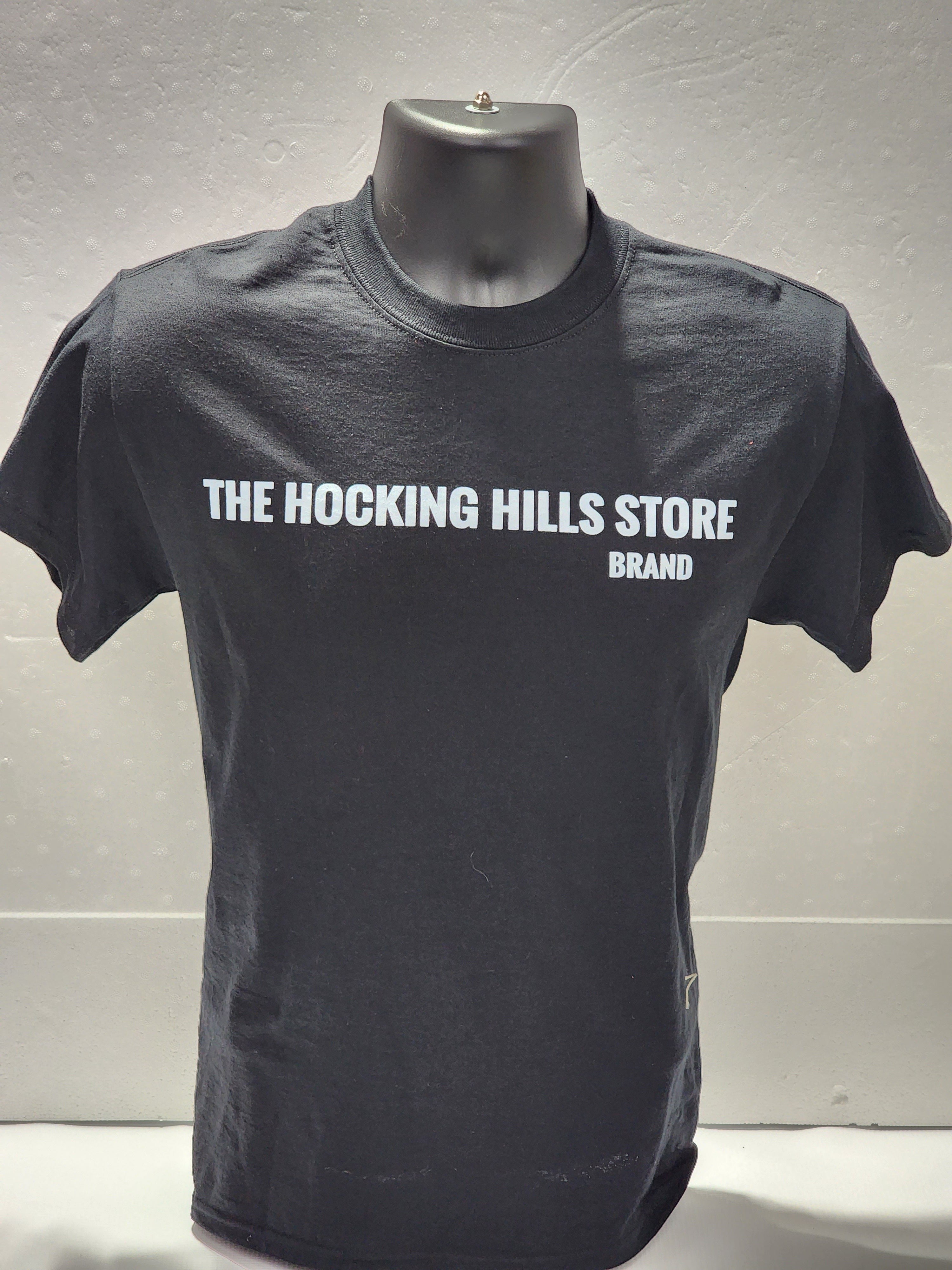 The Hocking Hills Store brand black cotton t-shirt with white logo on front. Short sleeves, crew neck.