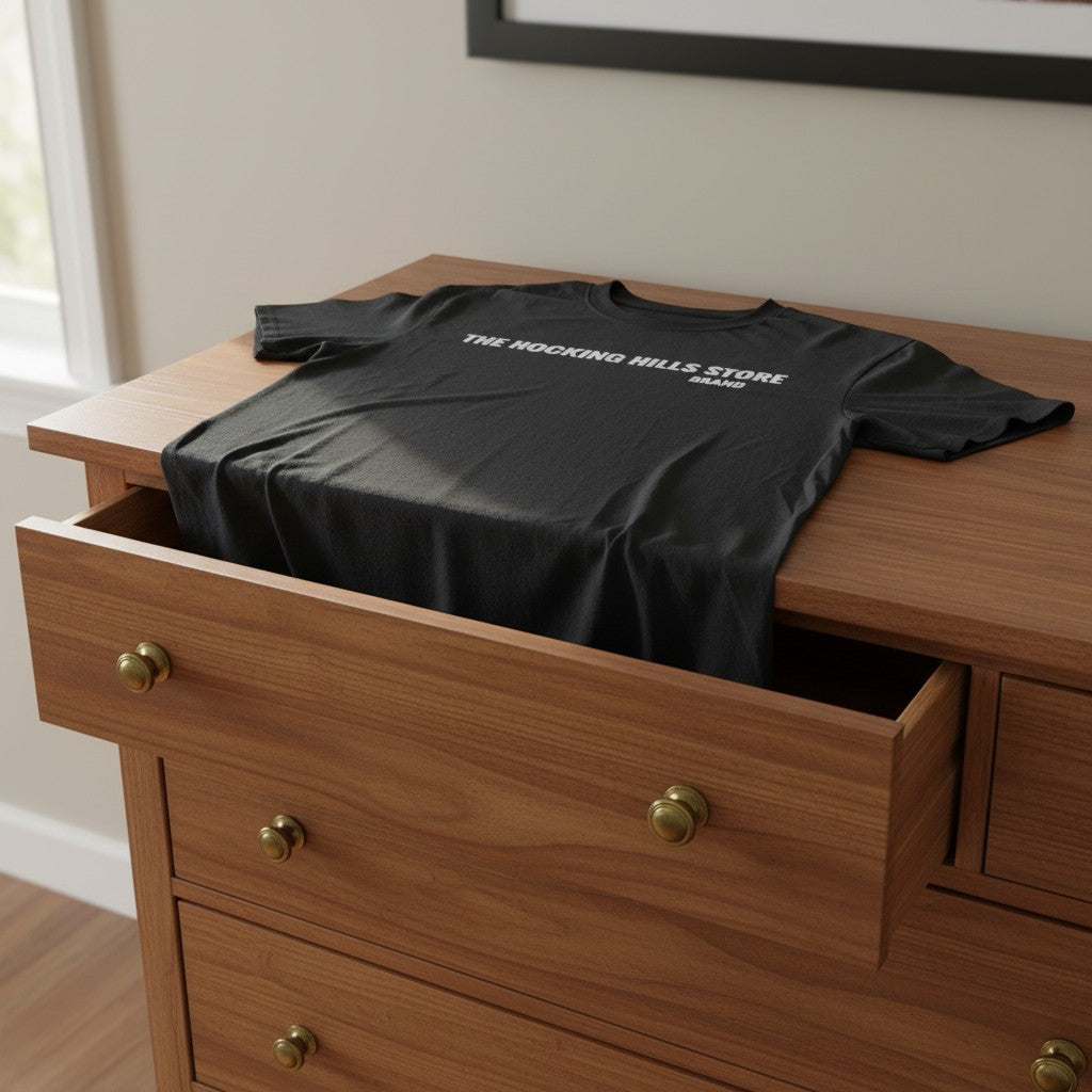 The Hocking Hills Store black cotton t-shirt with white logo on front. Short sleeves, crew neck.