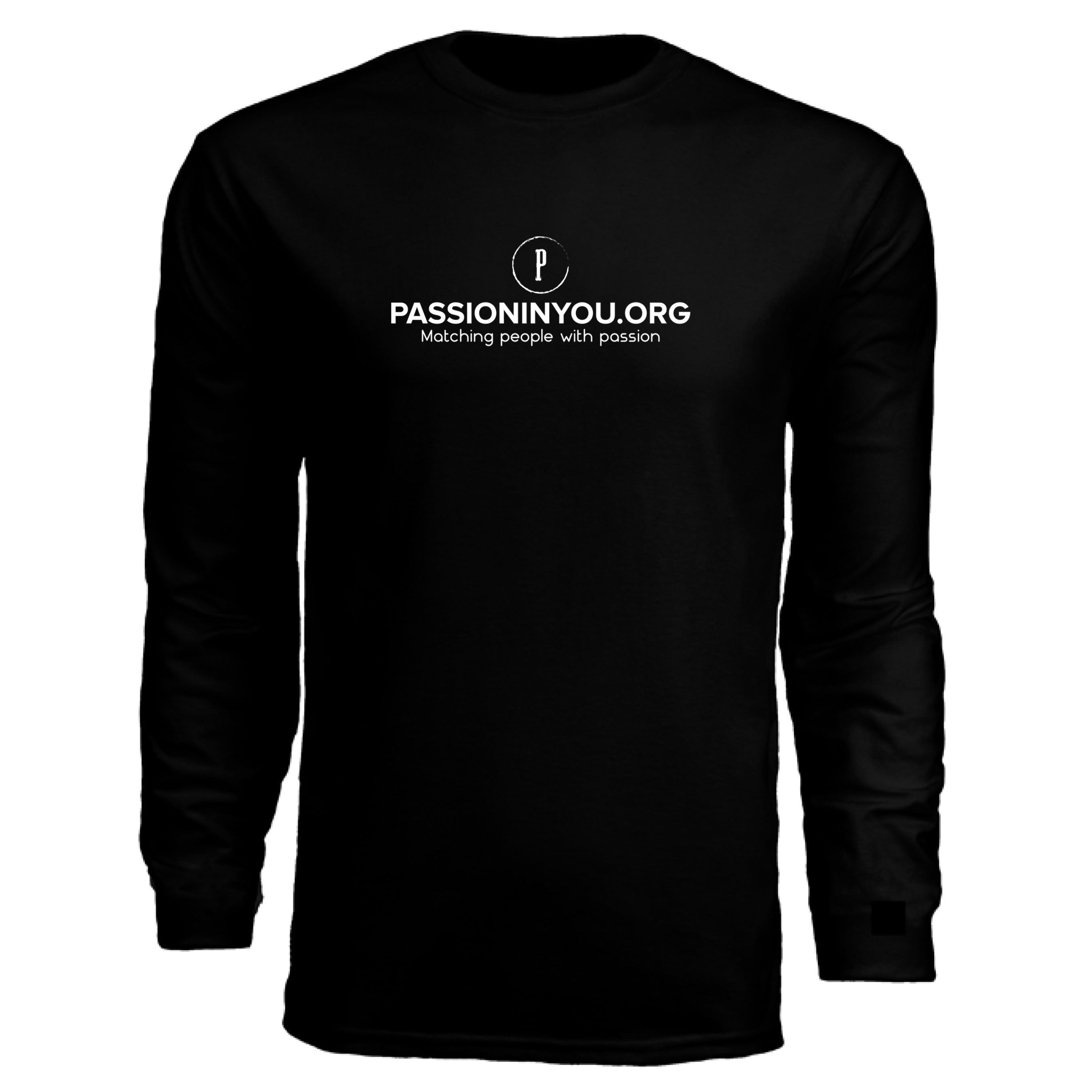 The Hocking Hills Store black long-sleeve polyester t-shirt with white Passioninyou.org logo and tagline.