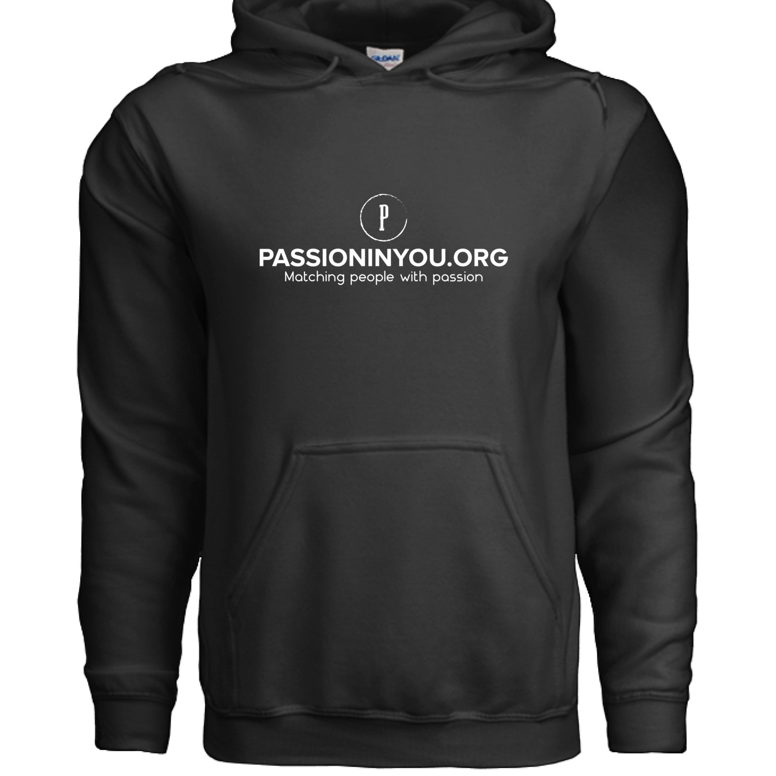 The Hocking Hills Store black 50/50 cotton polyester blend hoodie with Passioninyou.org logo and drawcord hood.