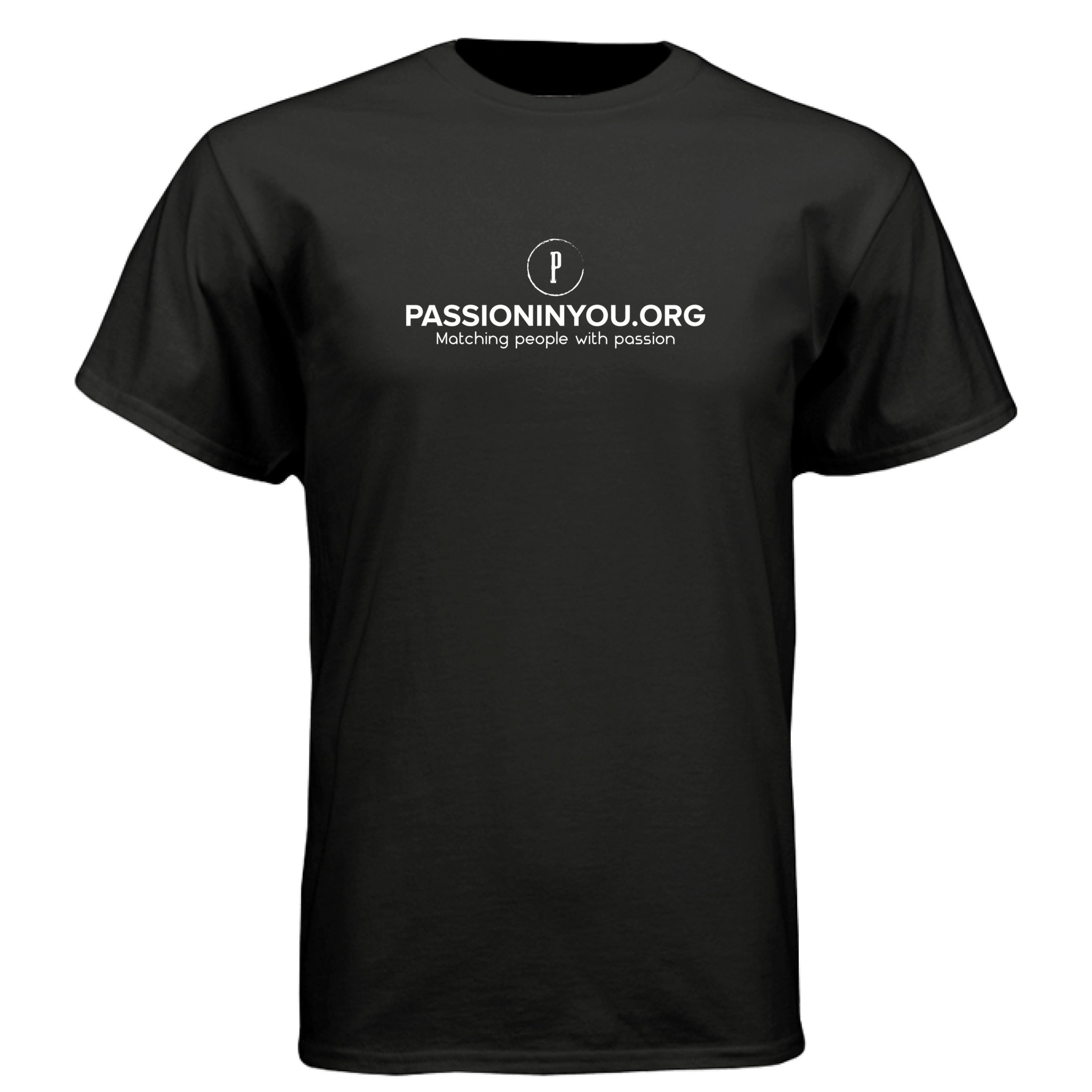 The Hocking Hills Store black short-sleeve t-shirt with white Passioninyou.org logo and tagline.