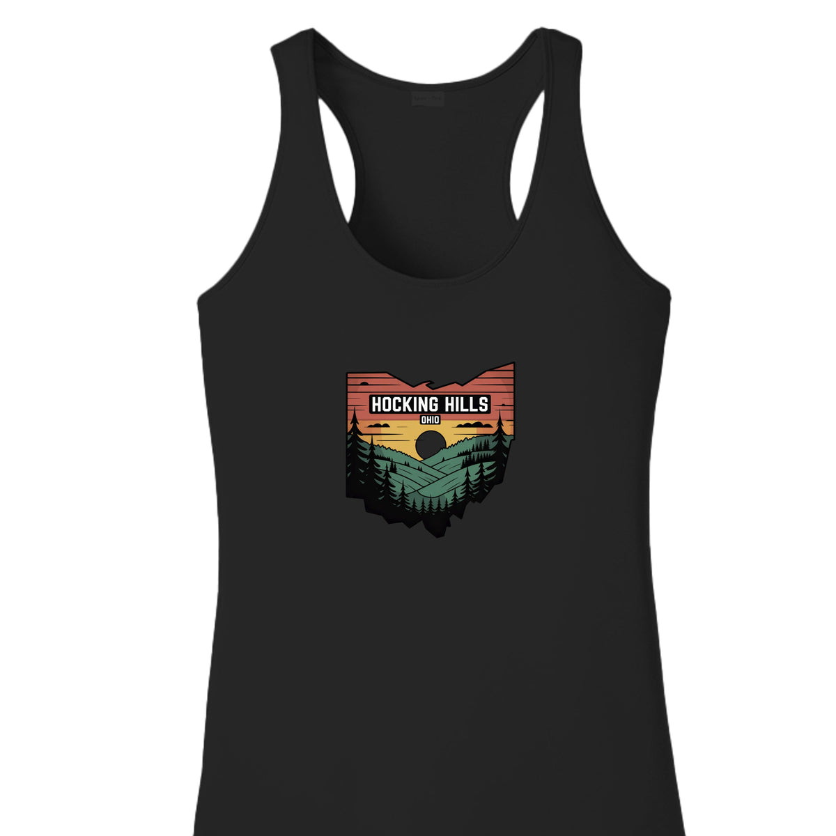 The Hocking Hills Store black racerback tank top featuring a Hocking Hills Ohio sunset and forest graphic print.