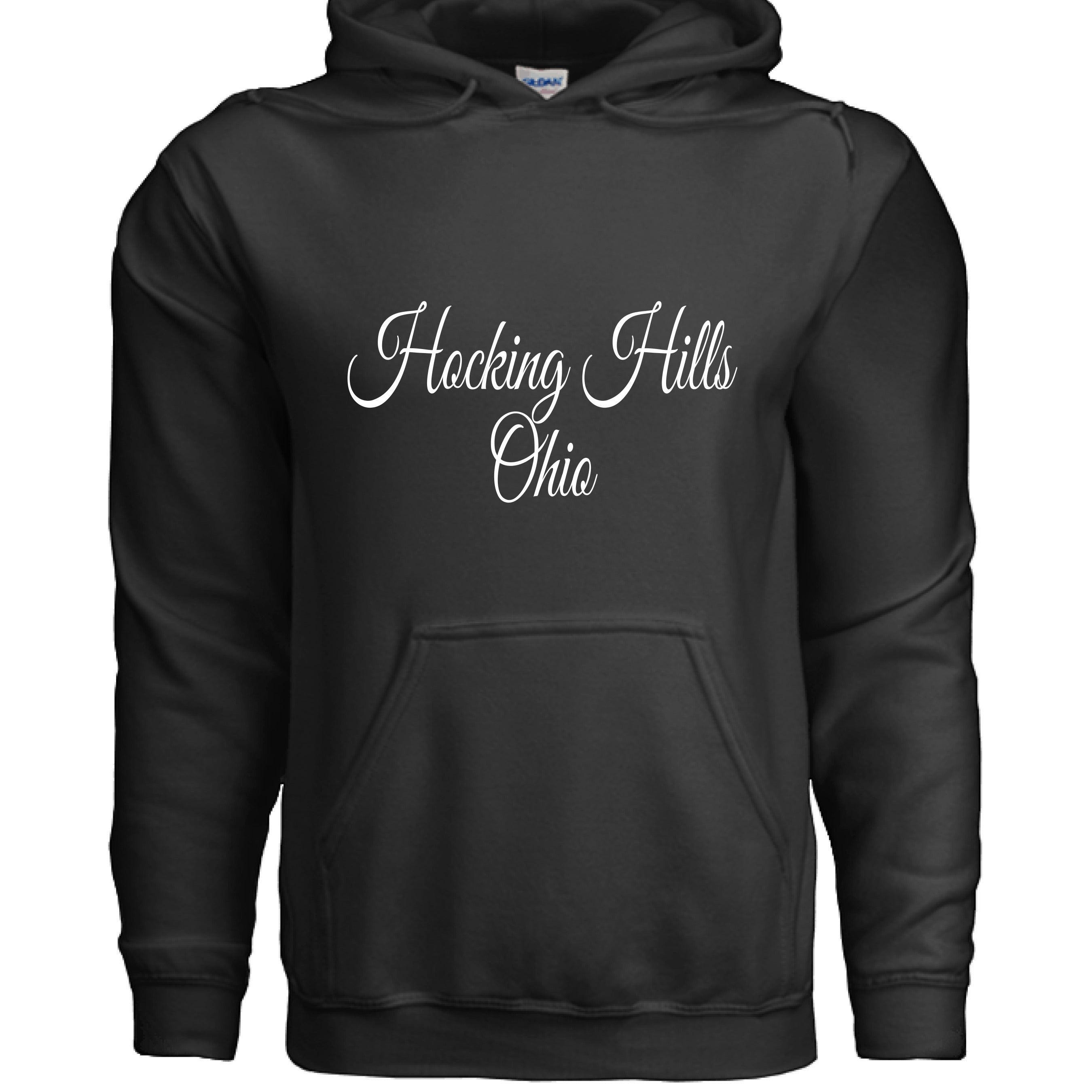 The Hocking Hills Store black cotton blend hoodie with white script text "Hocking Hills Ohio" and a front pouch pocket.