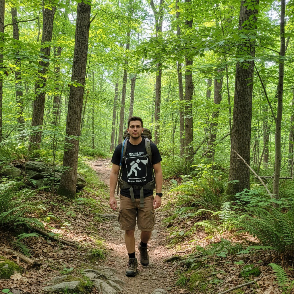 The Hocking Hills Store black cotton t-shirt with white text and graphic of a spelunker.