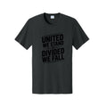 The Hocking Hills Store black crew neck t-shirt featuring the United We Stand Or Divided We Fall graphic print.