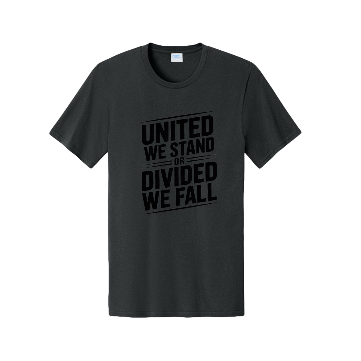 The Hocking Hills Store black crew neck t-shirt featuring the United We Stand Or Divided We Fall graphic print.