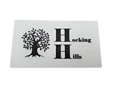 The Hocking Hills Store black and white bumper sticker featuring a tree logo and text.