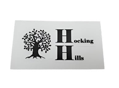The Hocking Hills Store black and white bumper sticker featuring a tree logo and text.