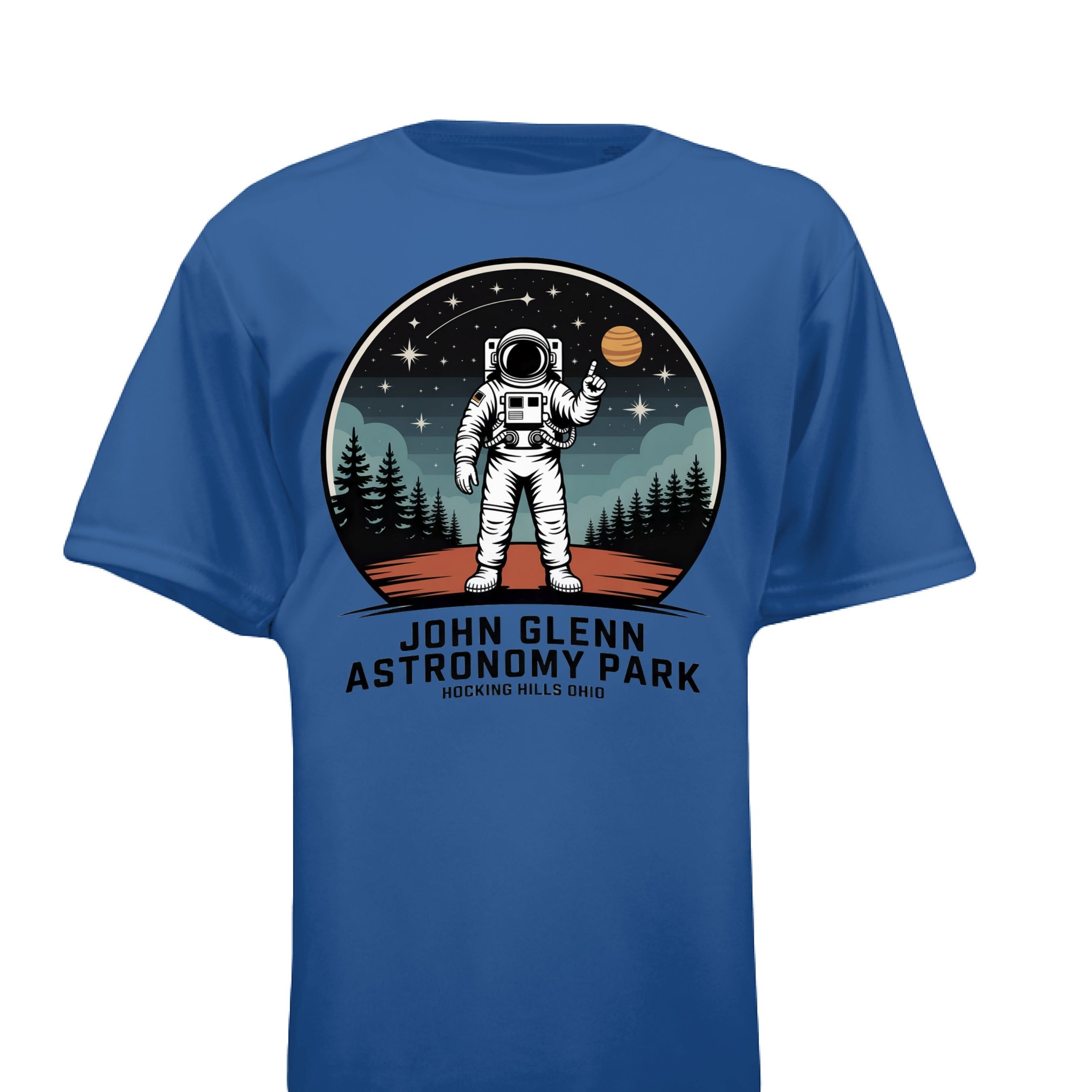 The Hocking Hills Store blue t-shirt with an astronaut graphic for John Glenn Astronomy Park.