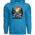 The Hocking Hills Store blue cotton blend hoodie with a Bigfoot canoeing graphic and text "Enjoy The Journey In The Hocking Hills".