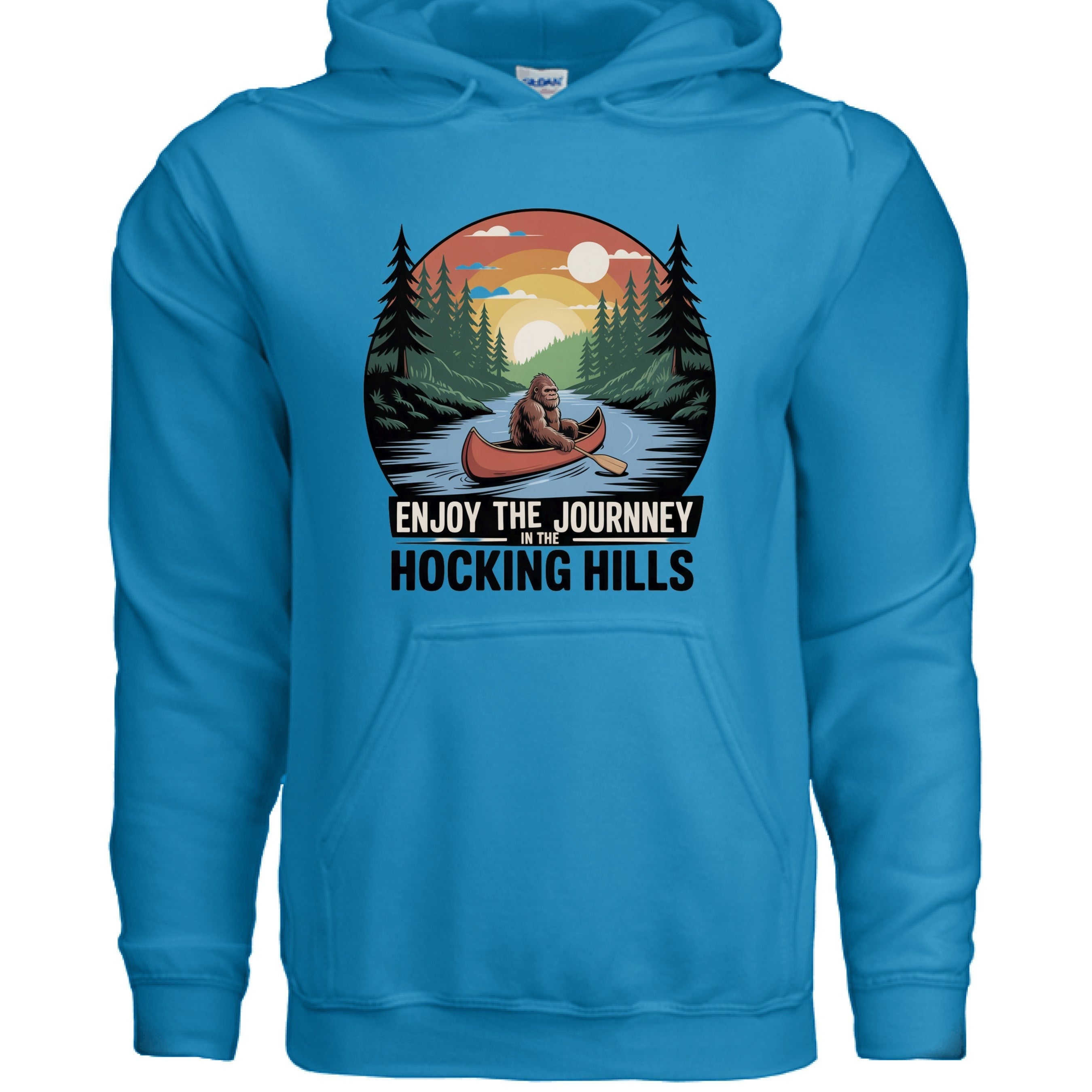 The Hocking Hills Store blue cotton blend hoodie with a Bigfoot canoeing graphic and text "Enjoy The Journey In The Hocking Hills".