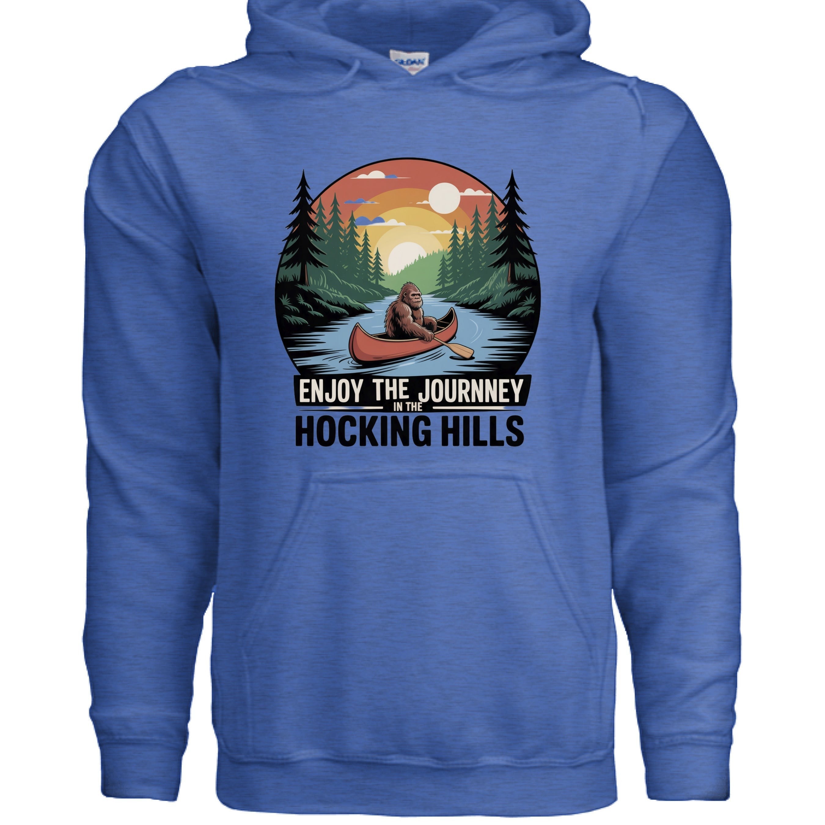 The Hocking Hills Store blue cotton blend hoodie with a graphic of Bigfoot canoeing down a river with trees and a sunset.