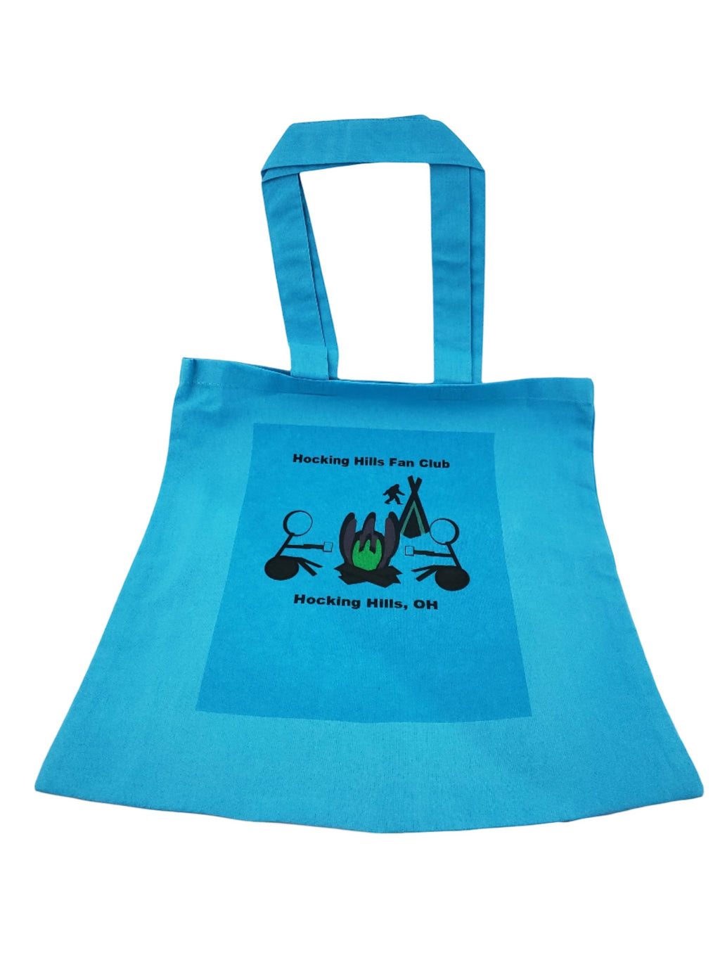 The Hocking Hills Store blue canvas tote bag with Hocking Hills Fan Club graphic and camping scene.