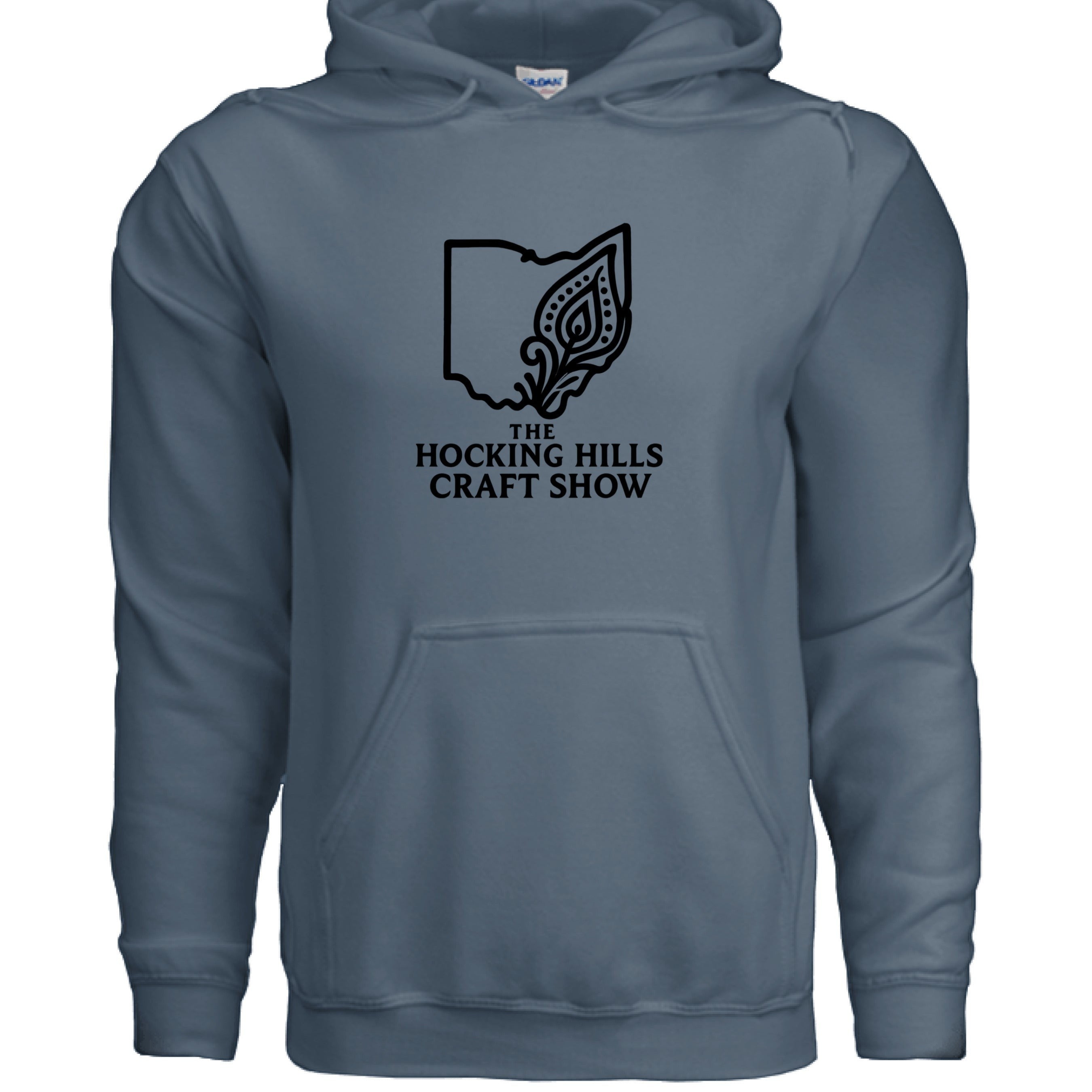 The Hocking Hills Store blue cotton blend hoodie with "The Hocking Hills Craft Show" logo on the chest.