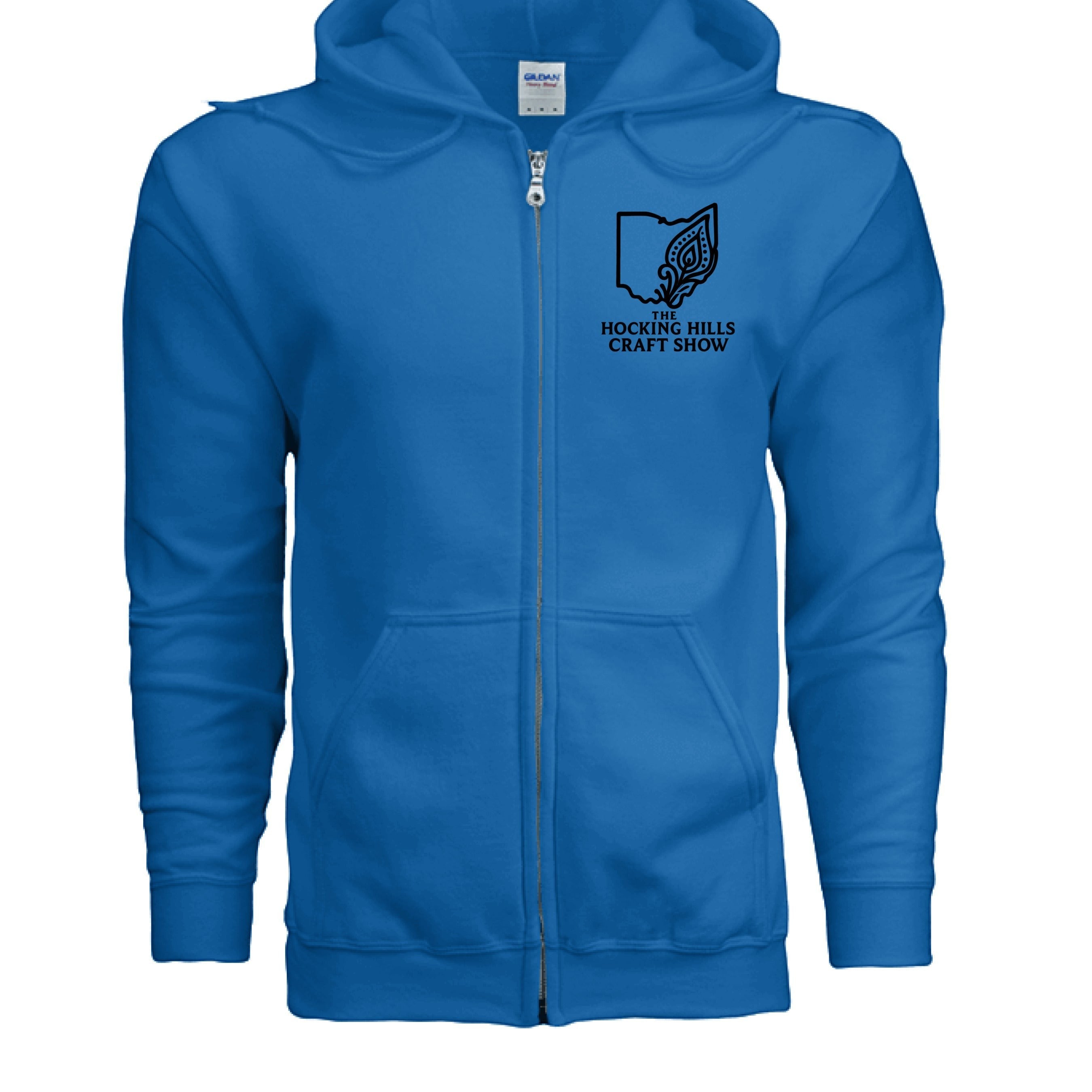 The Hocking Hills Store blue 50/50 cotton-polyester full-zip hoodie with Hocking Hills Craft Show logo on chest.