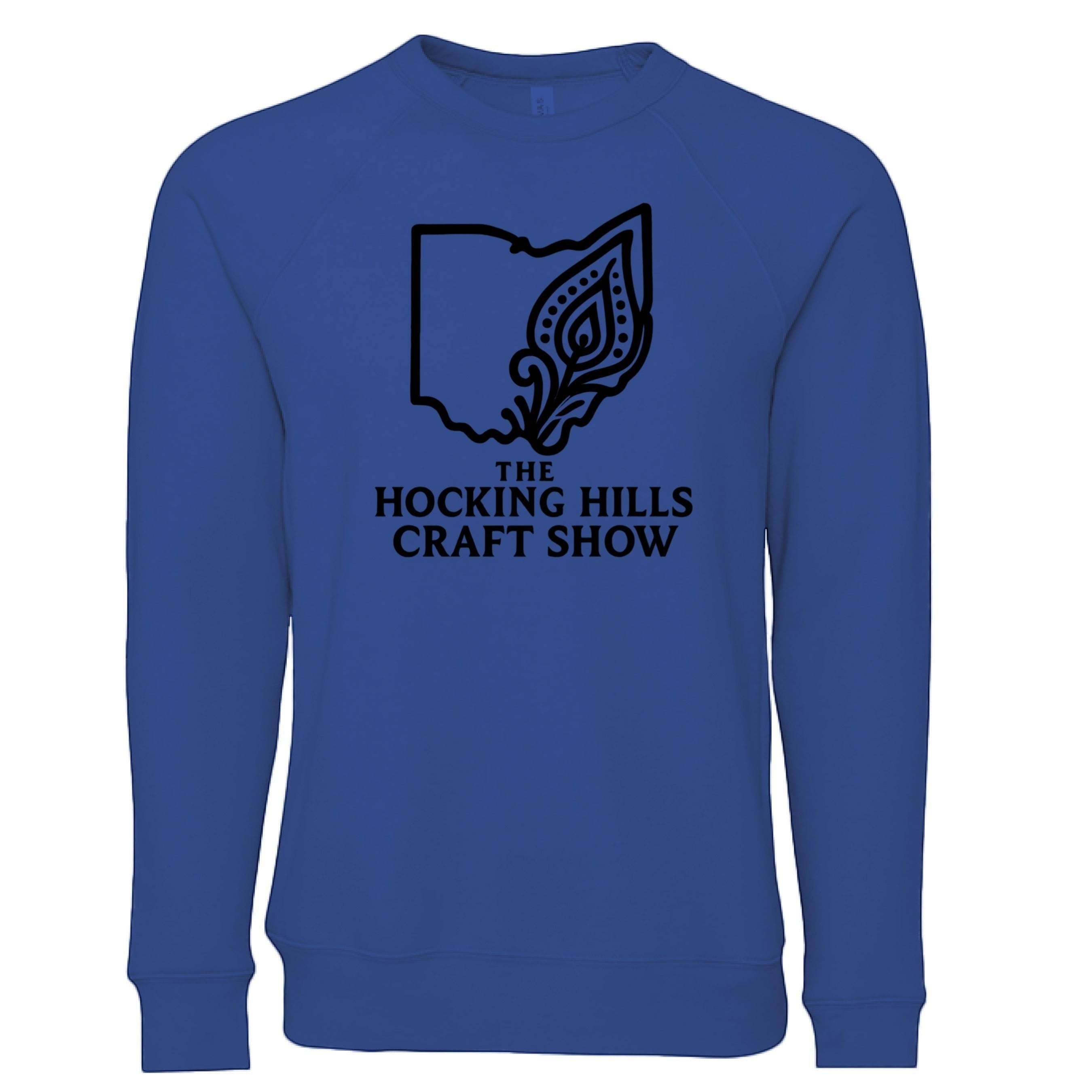 The Hocking Hills Store blue crew neck sweatshirt with Ohio outline and "The Hocking Hills Craft Show" text graphic.