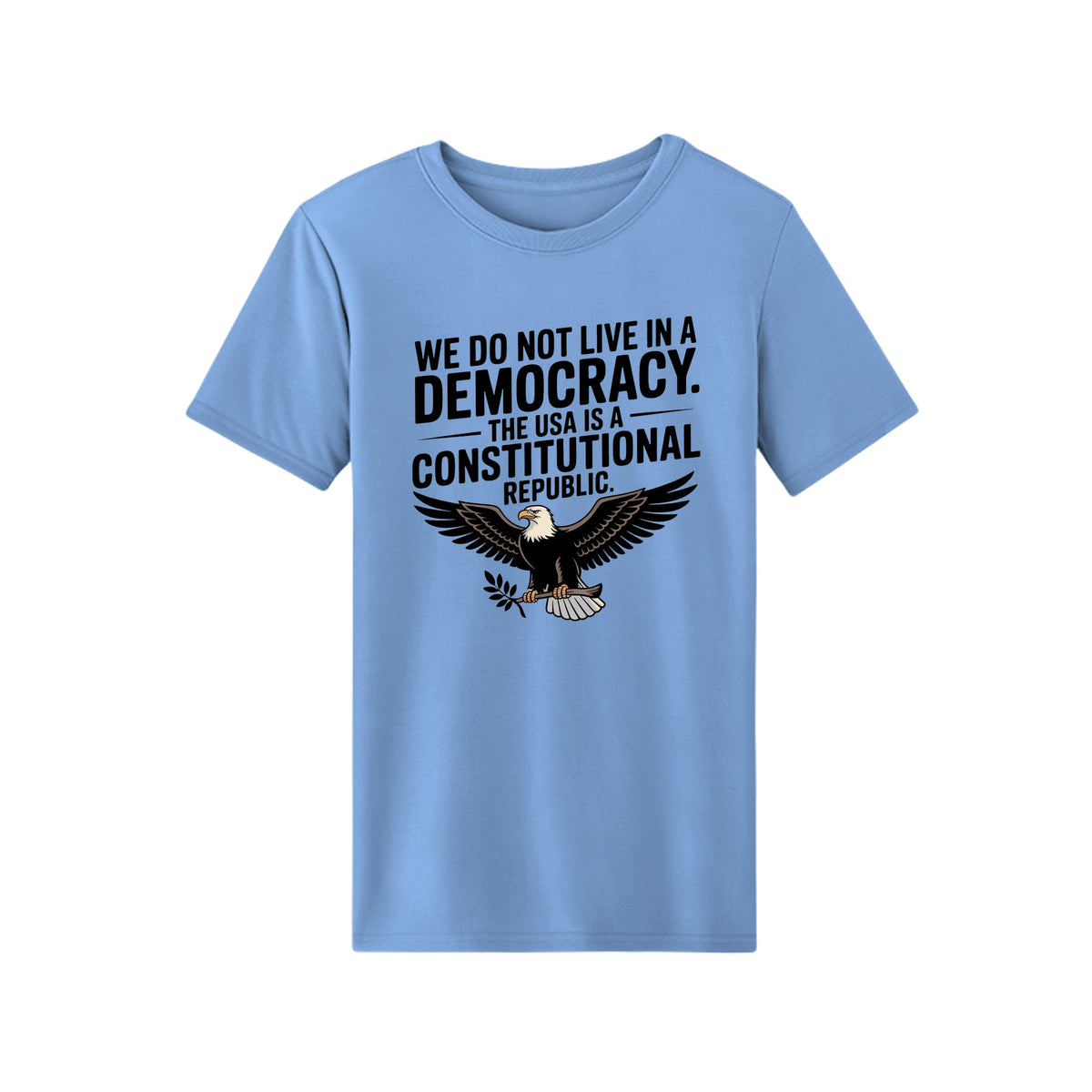 The Hocking Hills Store light blue crewneck t-shirt with a patriotic eagle graphic and constitutional republic text.