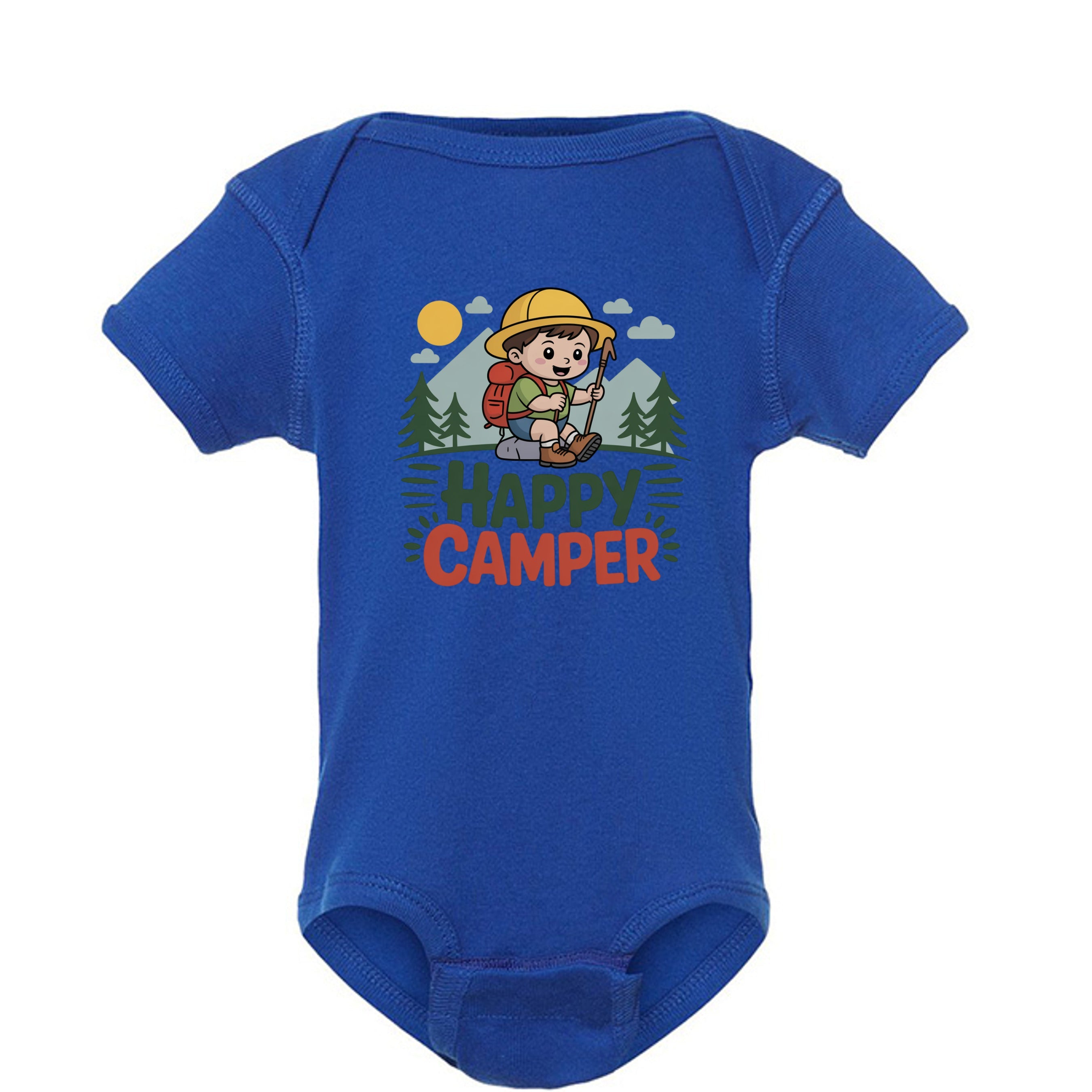 The Hocking Hills Store blue infant onesie with a Happy Camper graphic featuring a cartoon hiker in the mountains.
