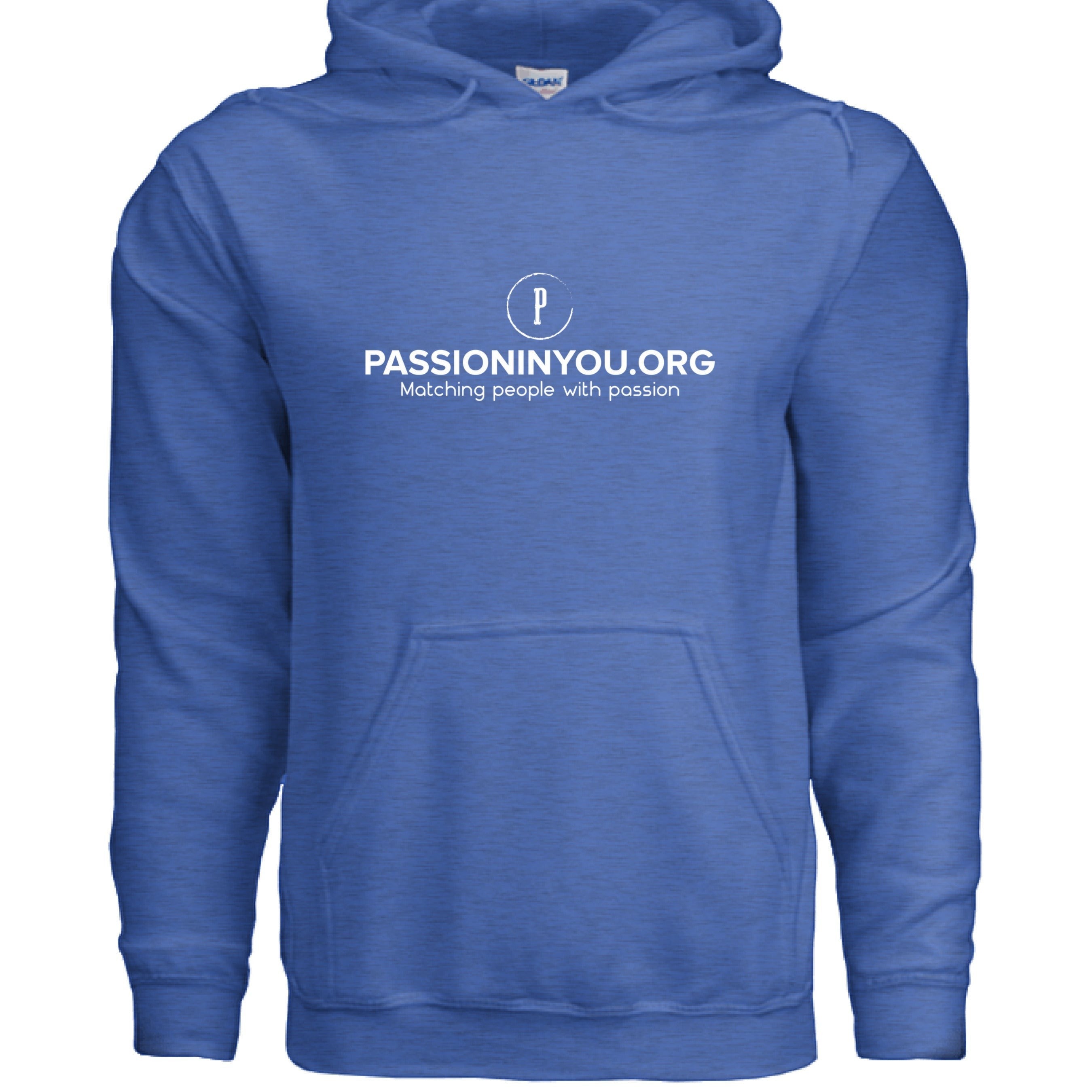 The Hocking Hills Store blue 50/50 cotton polyester blend hoodie with a double-lined hood and pouch pocket, featuring the Passioninyou.org logo.