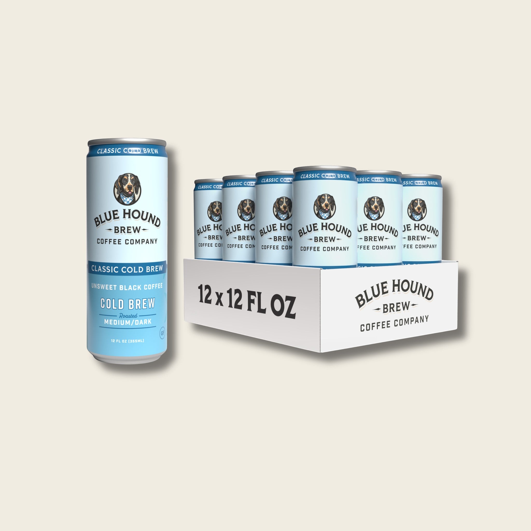 The Hocking Hills Store Blue Hound Brew Classic Cold Brew unsweetened black coffee, medium-dark roast in a 12 fl oz can.