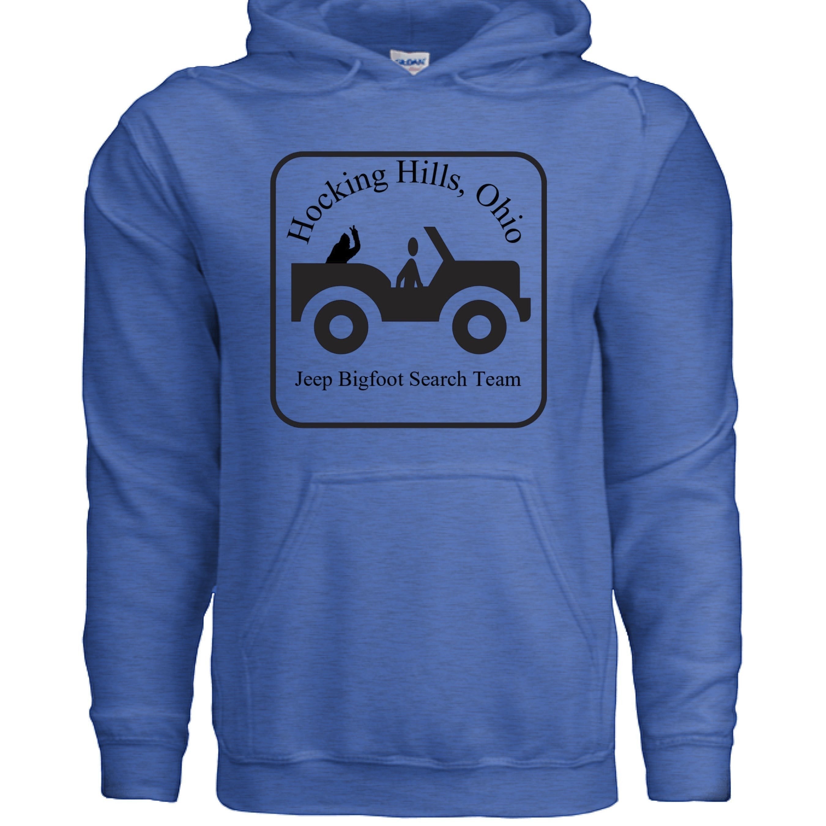 The Hocking Hills Store blue cotton blend hoodie with a Jeep Bigfoot Search Team graphic.