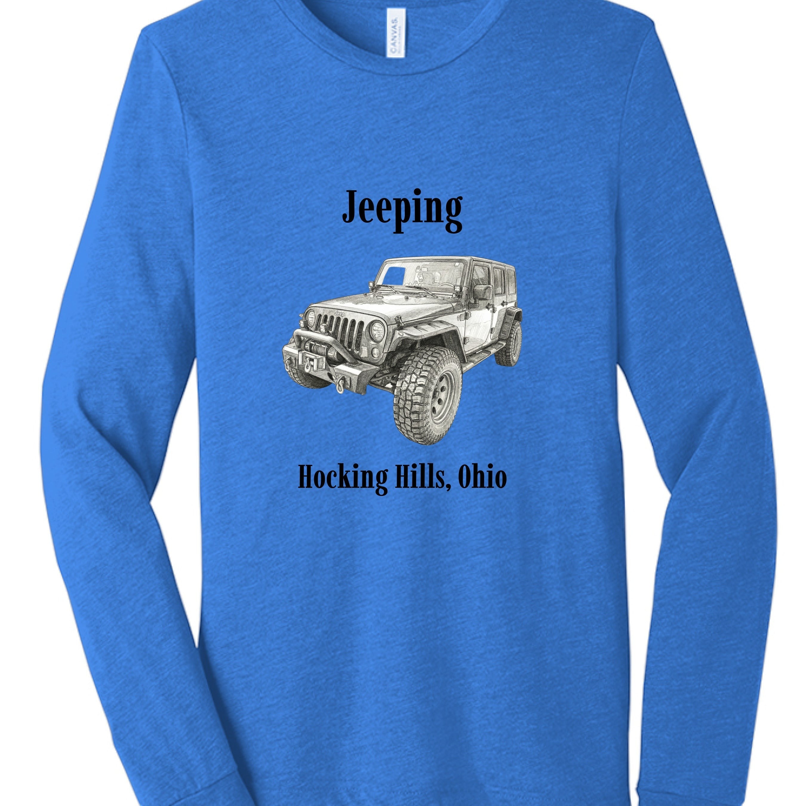 The Hocking Hills Store blue tri-blend long sleeve t-shirt with a graphic of a Jeep and text "Jeeping Hocking Hills, Ohio".