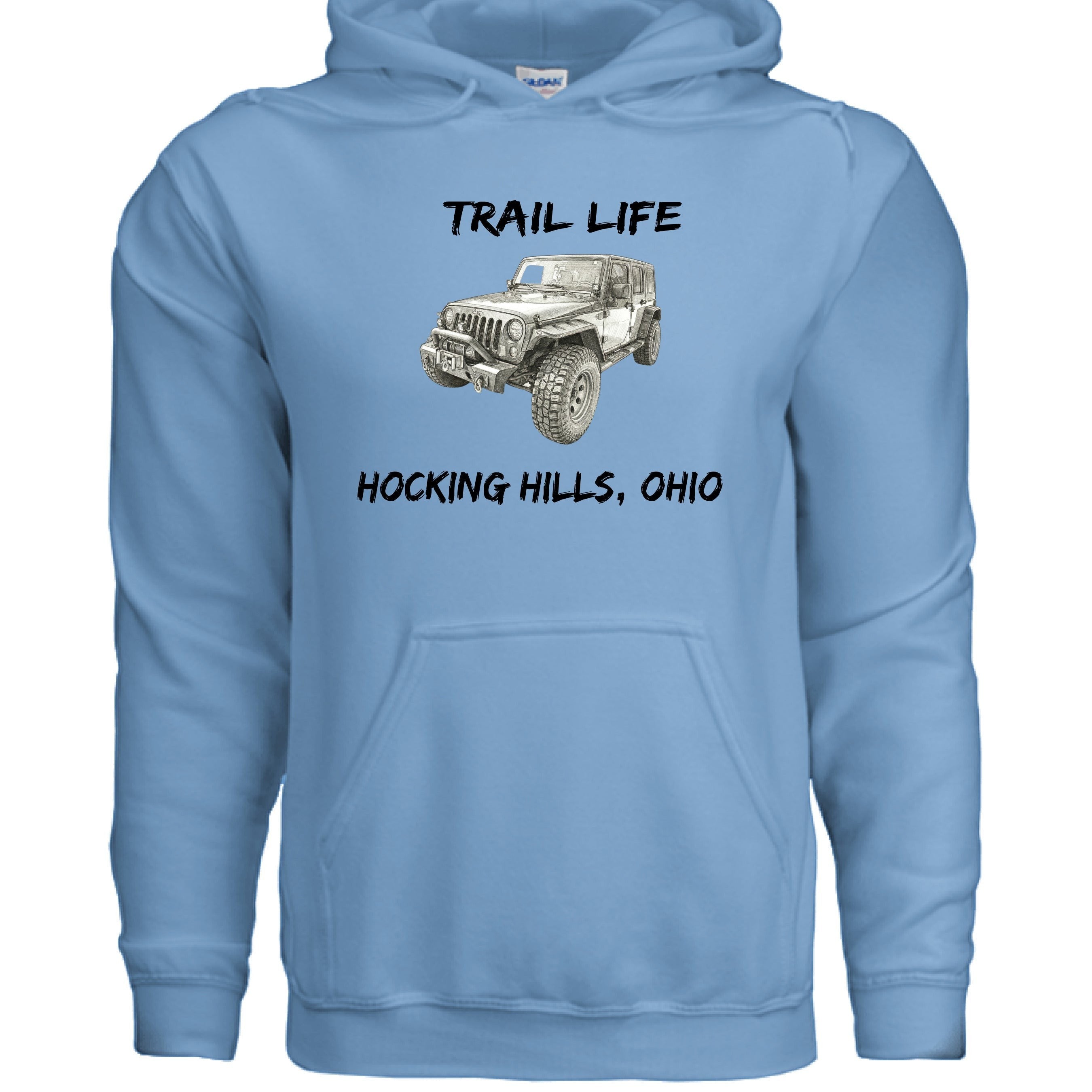 The Hocking Hills Store light blue cotton-polyester blend hoodie with "Trail Life Hocking Hills, Ohio" and a Jeep graphic.