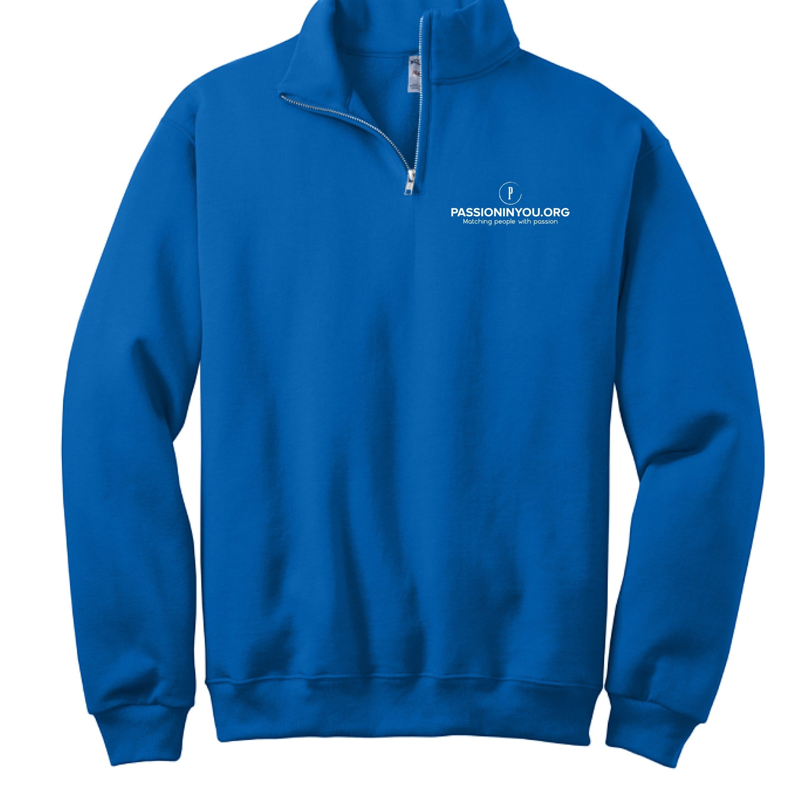 The Hocking Hills Store blue cotton-blend quarter zip sweatshirt with cadet collar and white Passioninyou.org logo.