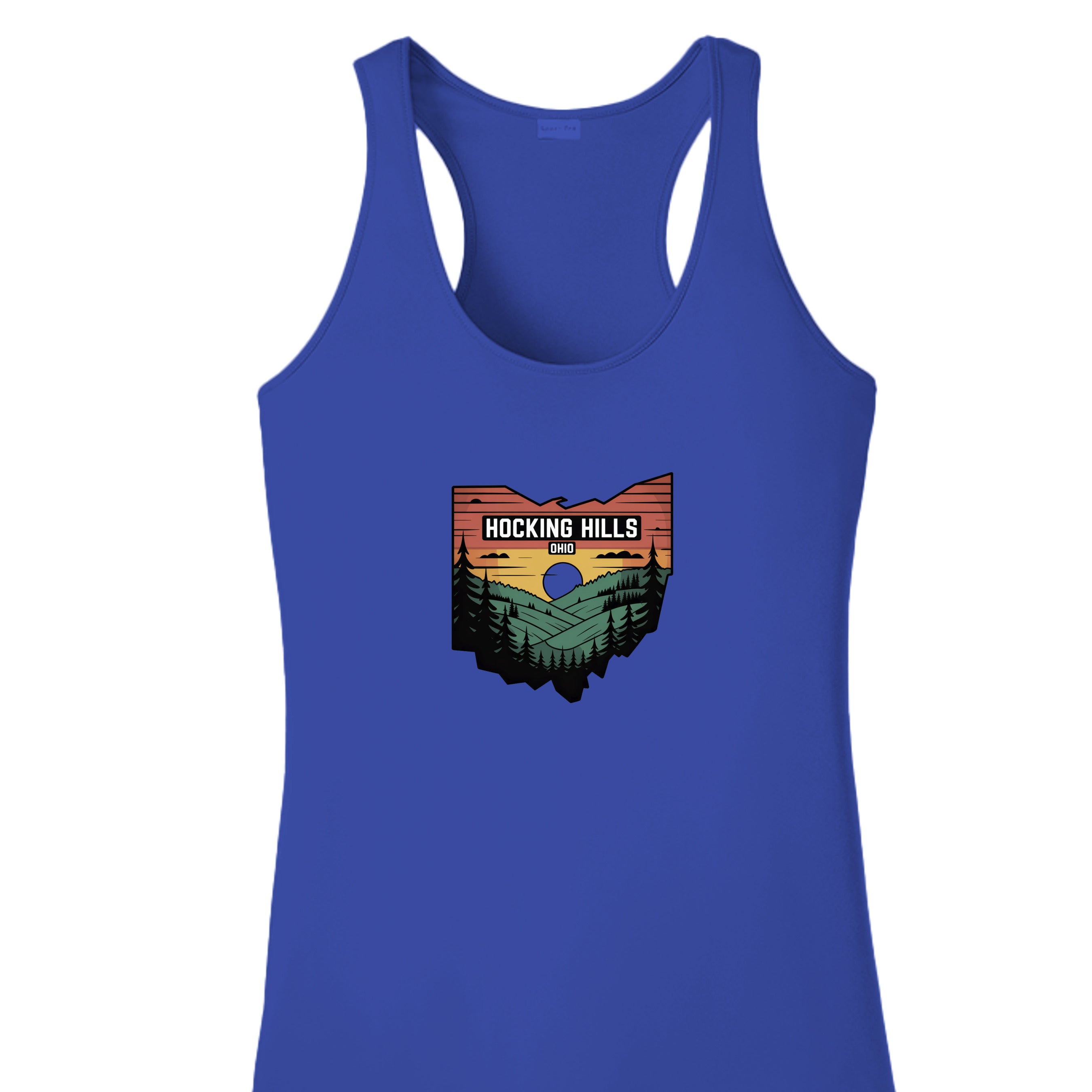 The Hocking Hills Store blue racerback tank top featuring a graphic of the Ohio state outline with a sunset landscape