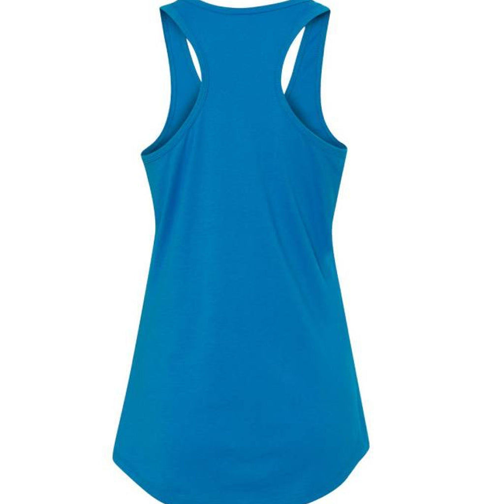 The Hocking Hills Store blue racerback tank top made from lightweight cotton-polyester jersey, back view.