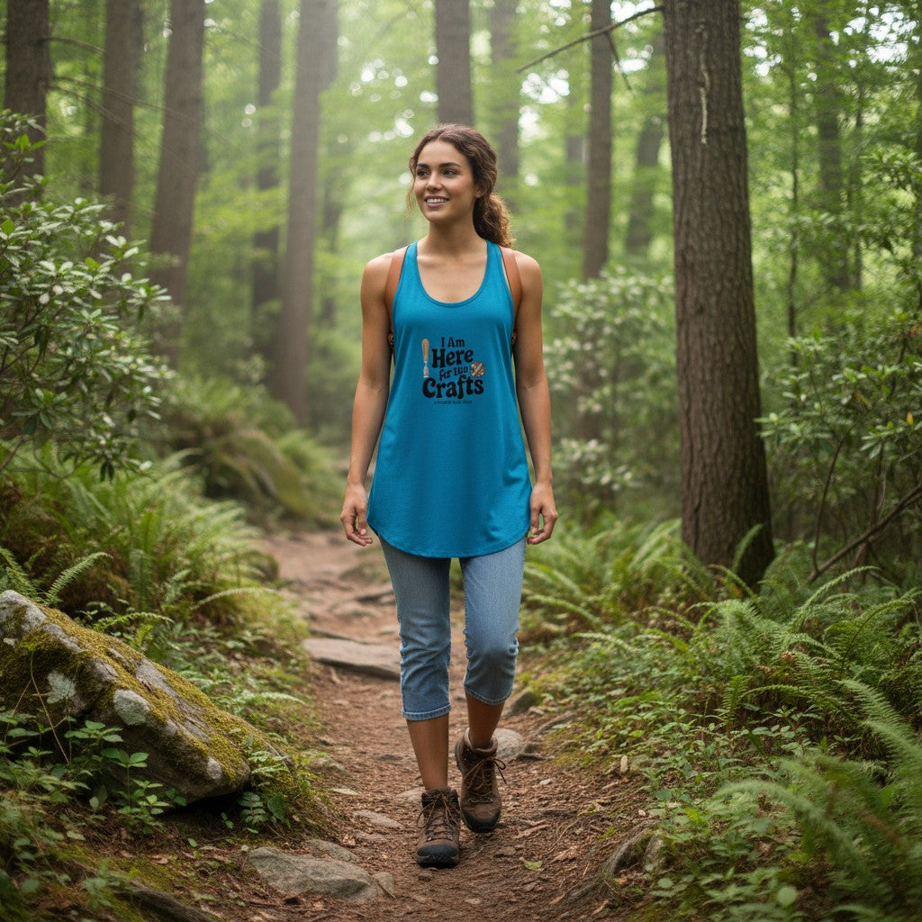 The Hocking Hills Store blue racerback tank top with Here For The Crafts graphic worn by a woman hiking in a forest.