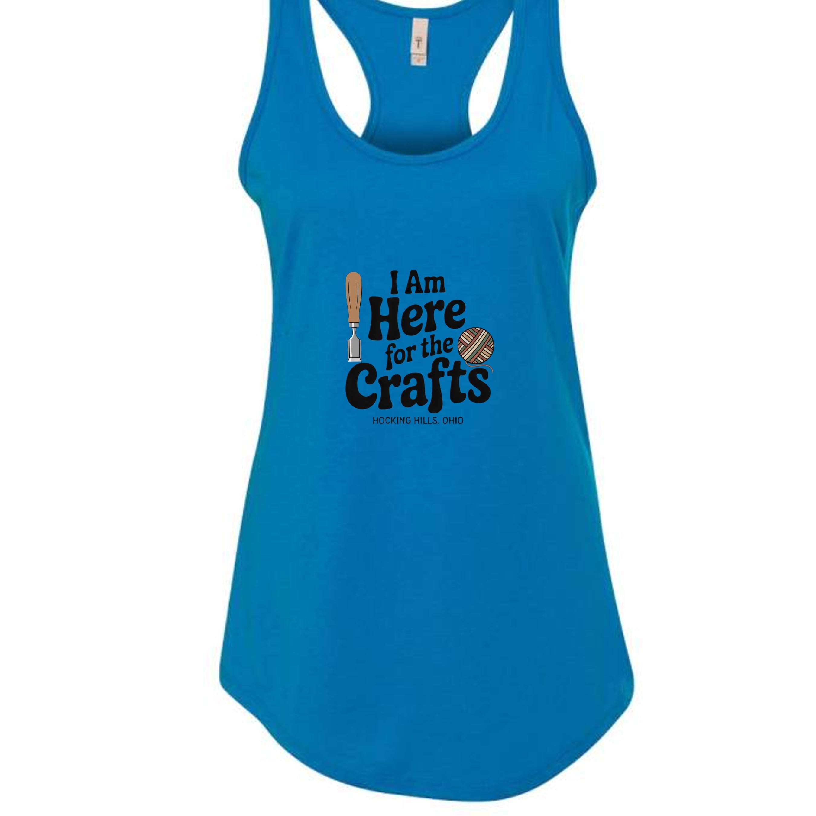 The Hocking Hills Store blue racerback tank top with I Am Here for the Crafts graphic print