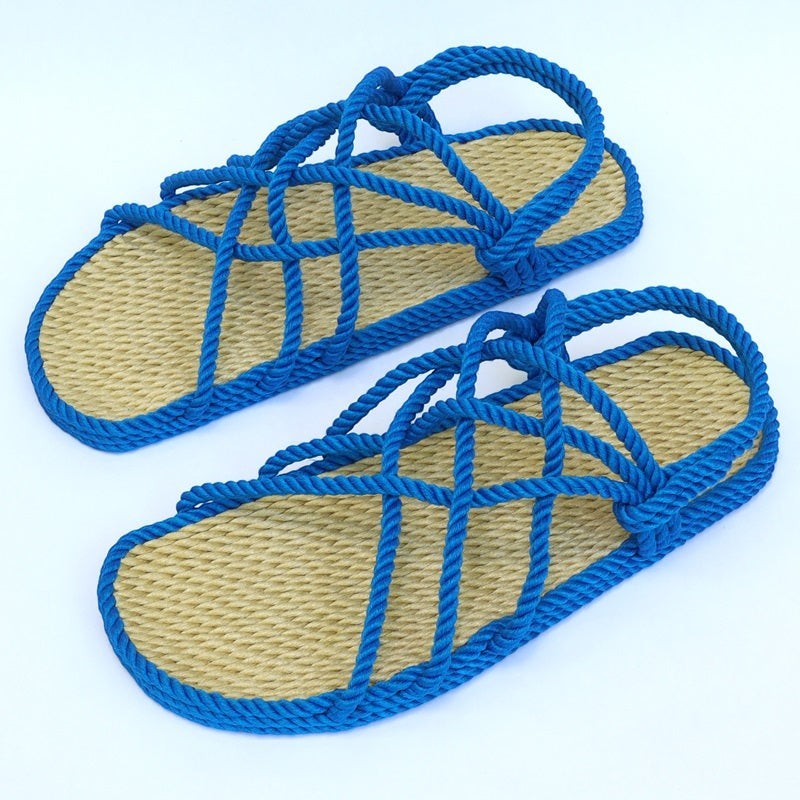 The Hocking Hills Store blue rope sandals with woven tan insoles and anti-slip soles, perfect for water activities.