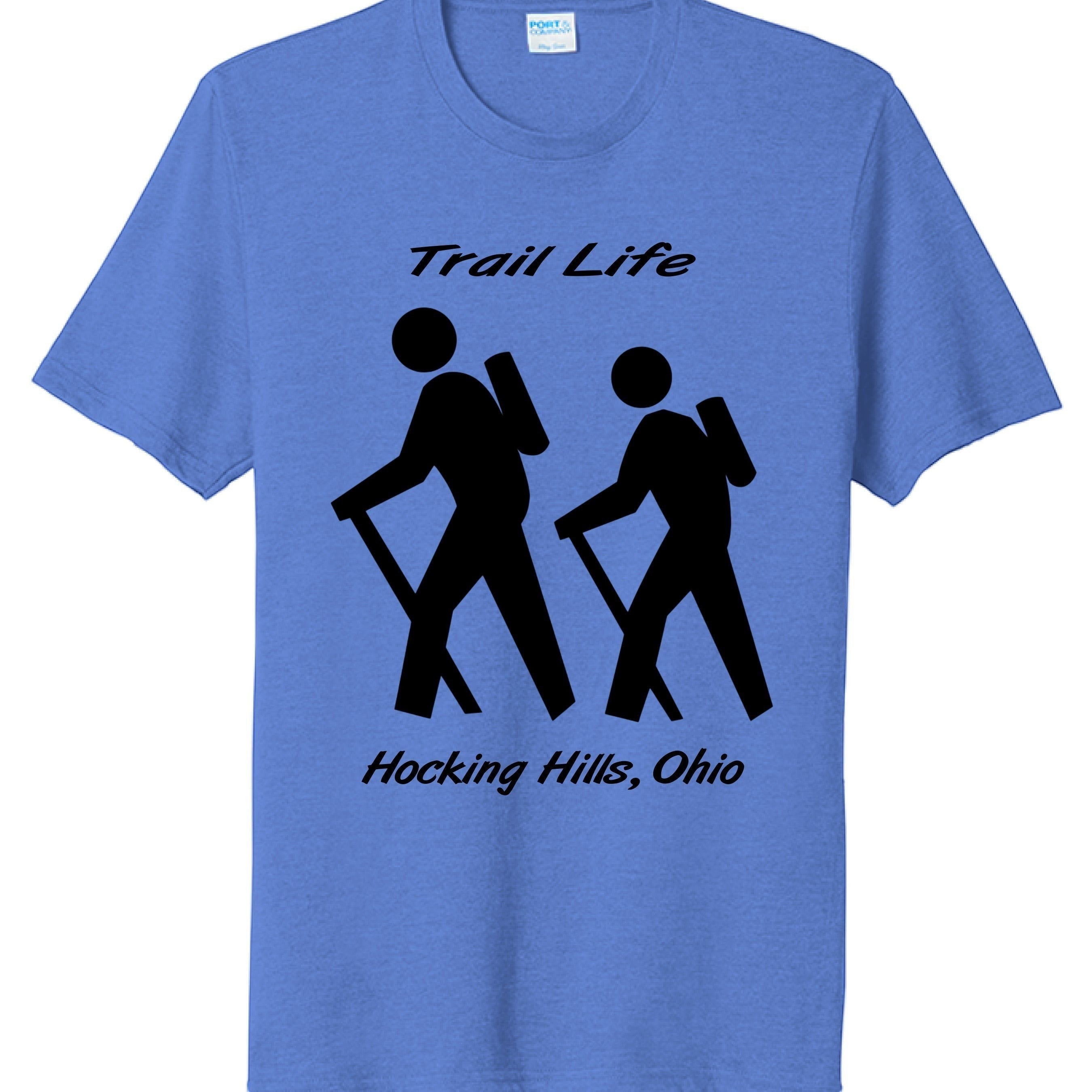 The Hocking Hills Store blue tri-blend t-shirt with 'Trail Life' and hikers graphic, perfect for outdoor enthusiasts.