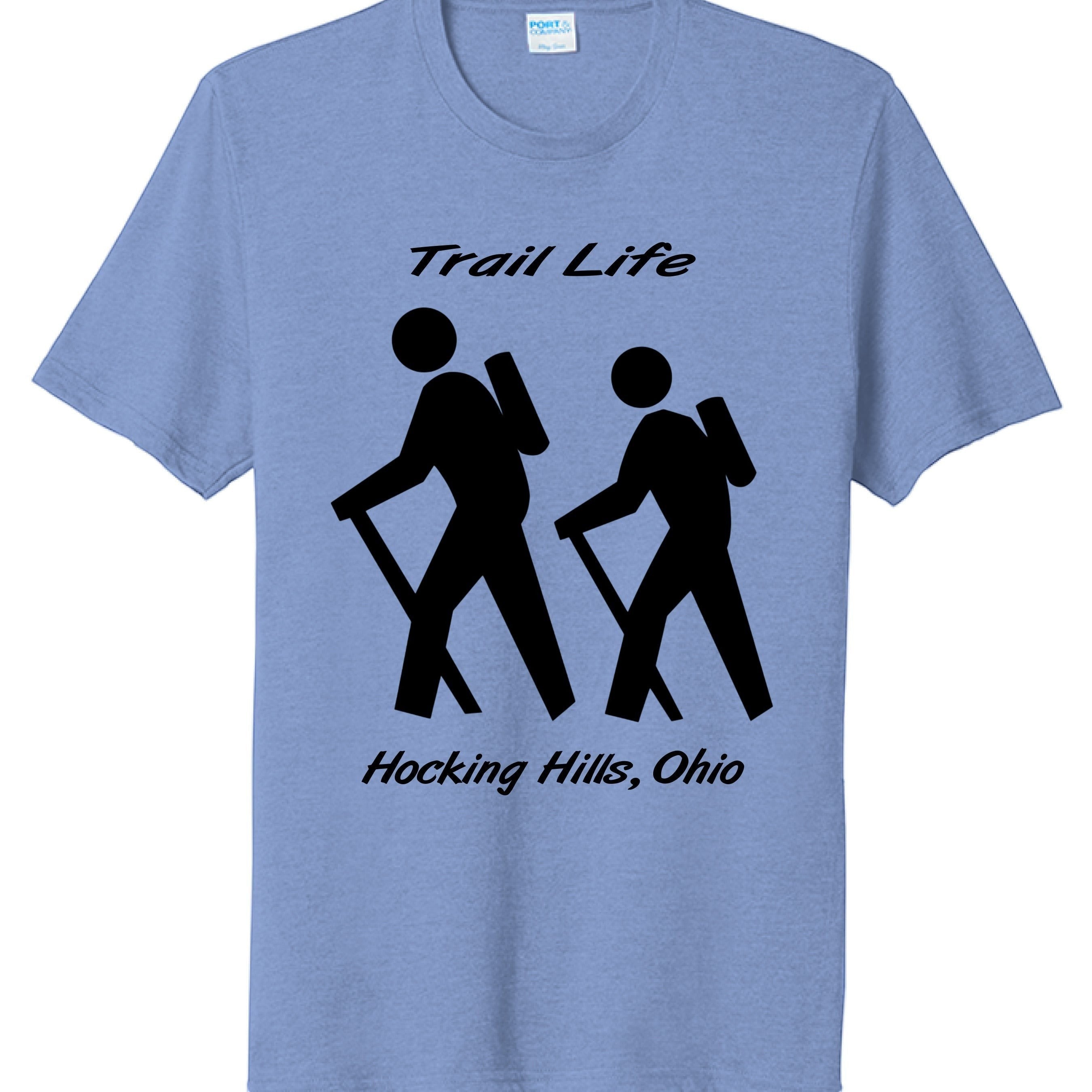 The Hocking Hills Store blue tri-blend t-shirt with 'Trail Life' graphic and two hikers.