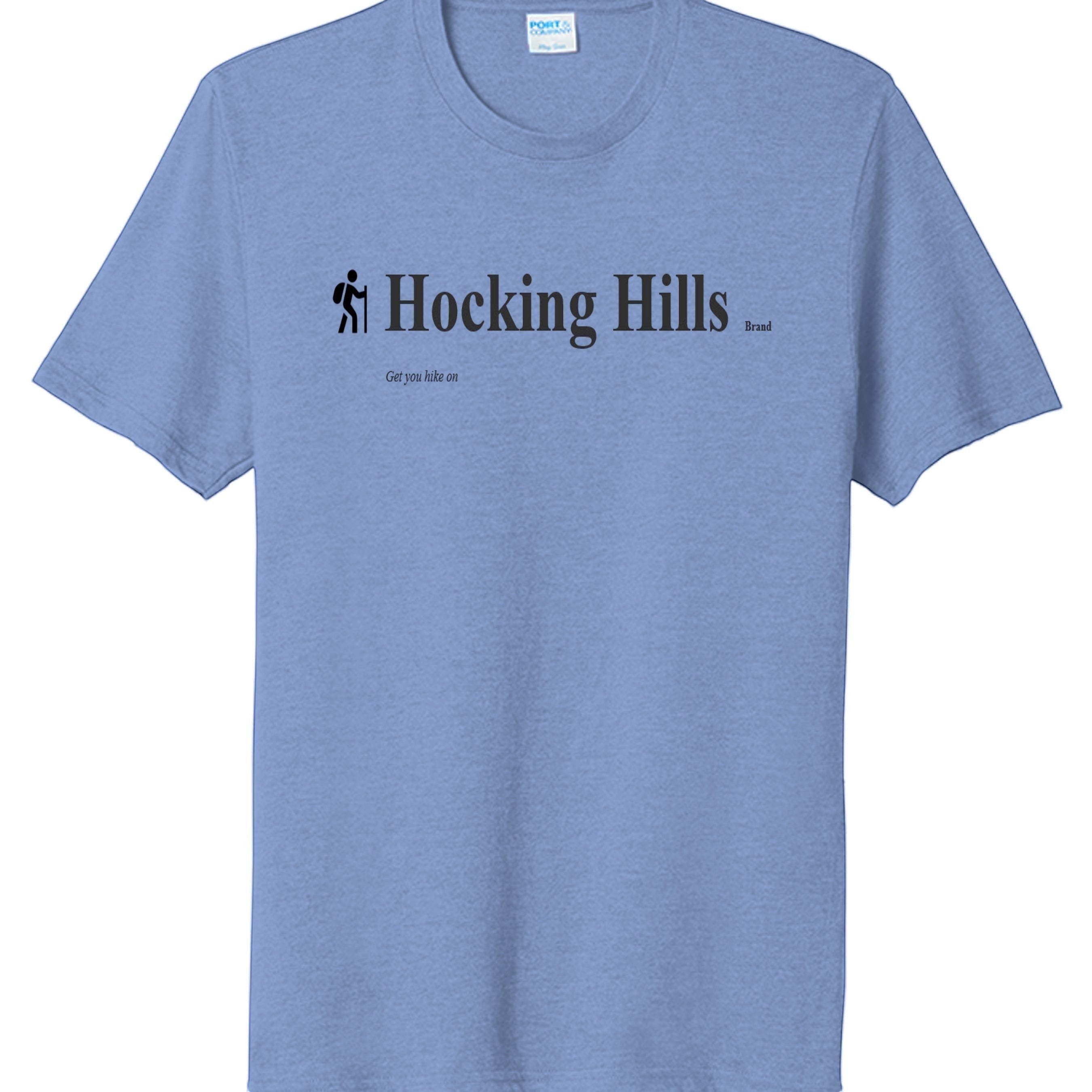 The Hocking Hills Store blue tri-blend tee with 'Hocking Hills Brand' and hiker graphic. 50% polyester, 37% cotton, 13% rayon.