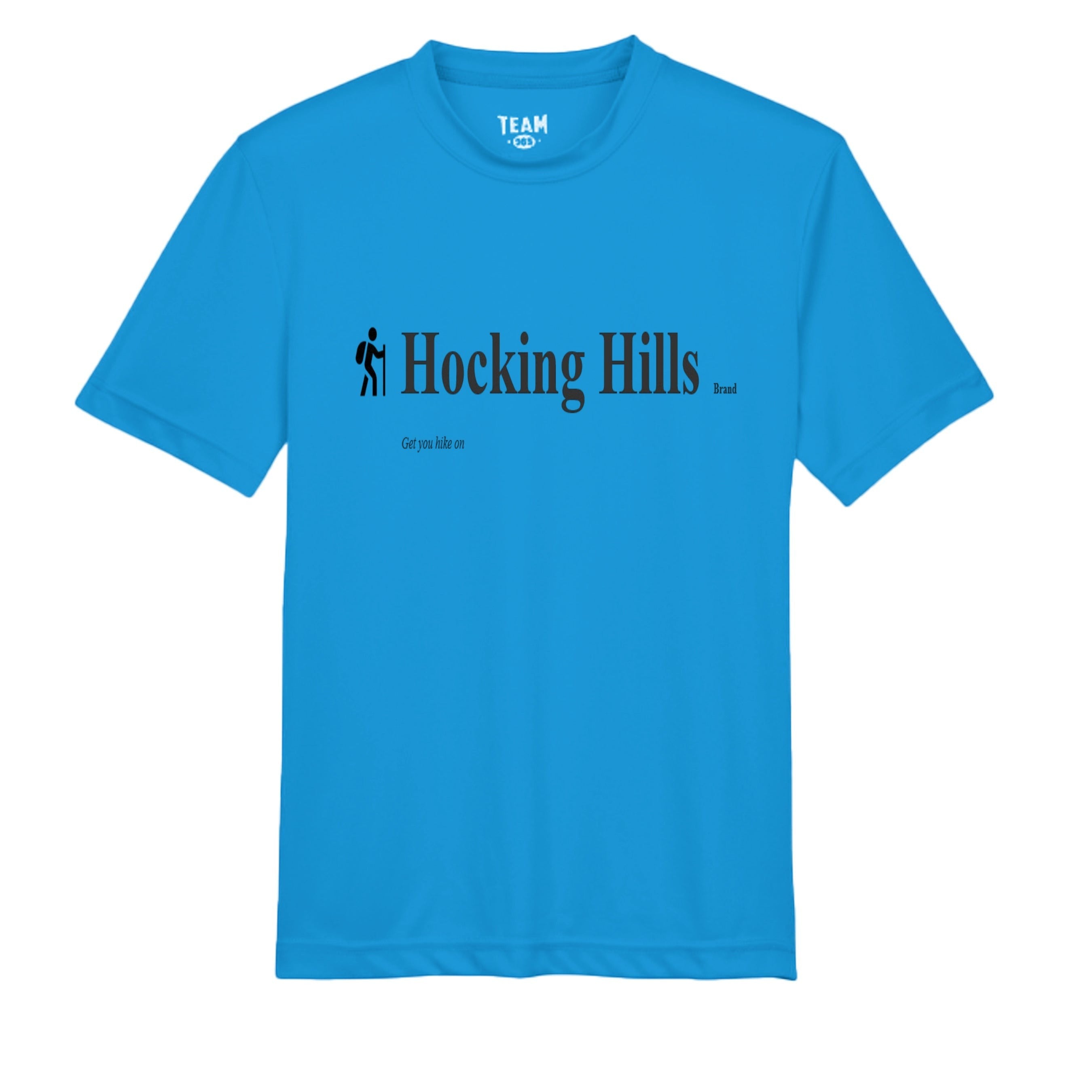 The Hocking Hills Store blue polyester youth performance t-shirt with Hocking Hills graphic and UV protection.