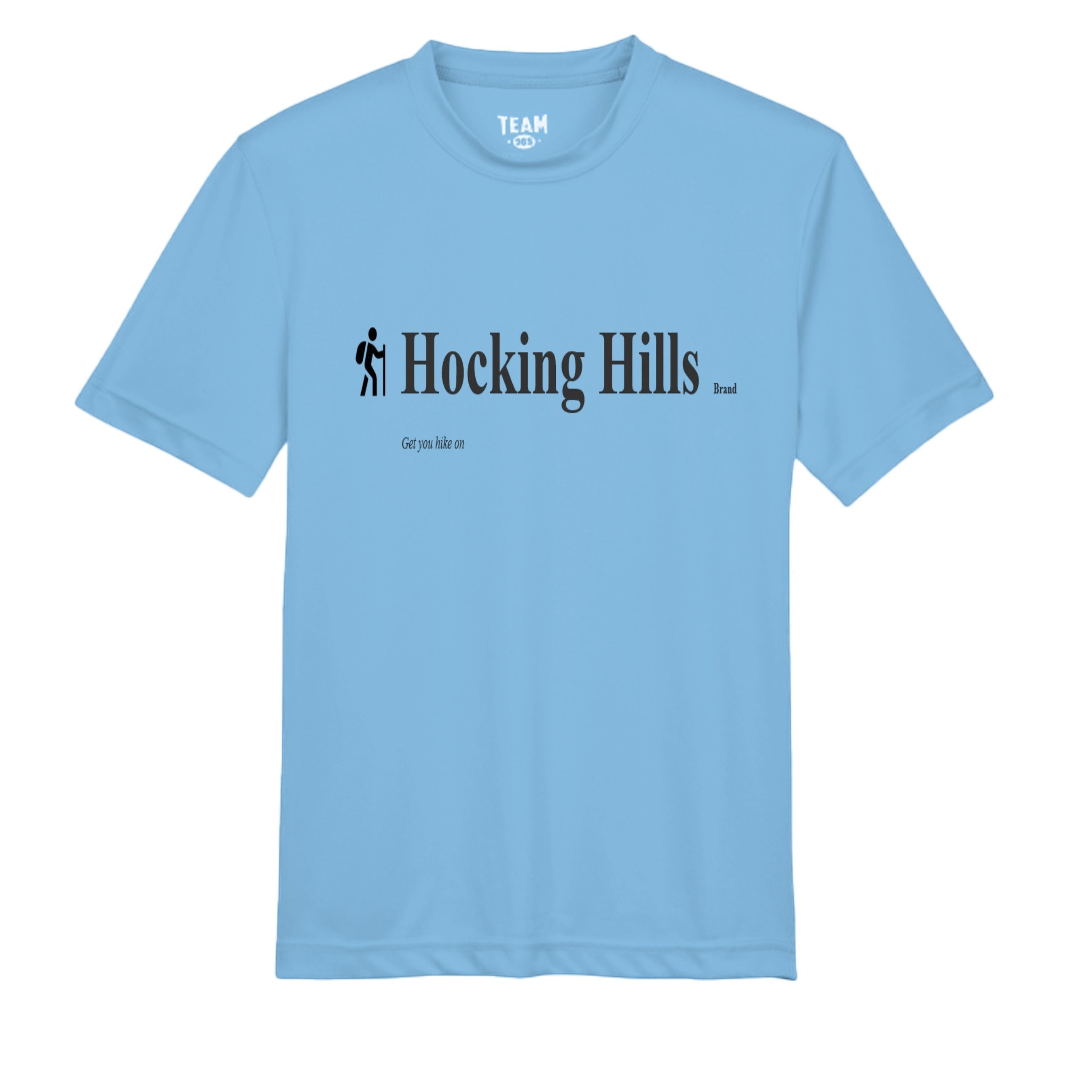 The Hocking Hills Store light blue polyester youth performance t-shirt with "Hocking Hills Brand" graphic and hiker icon.