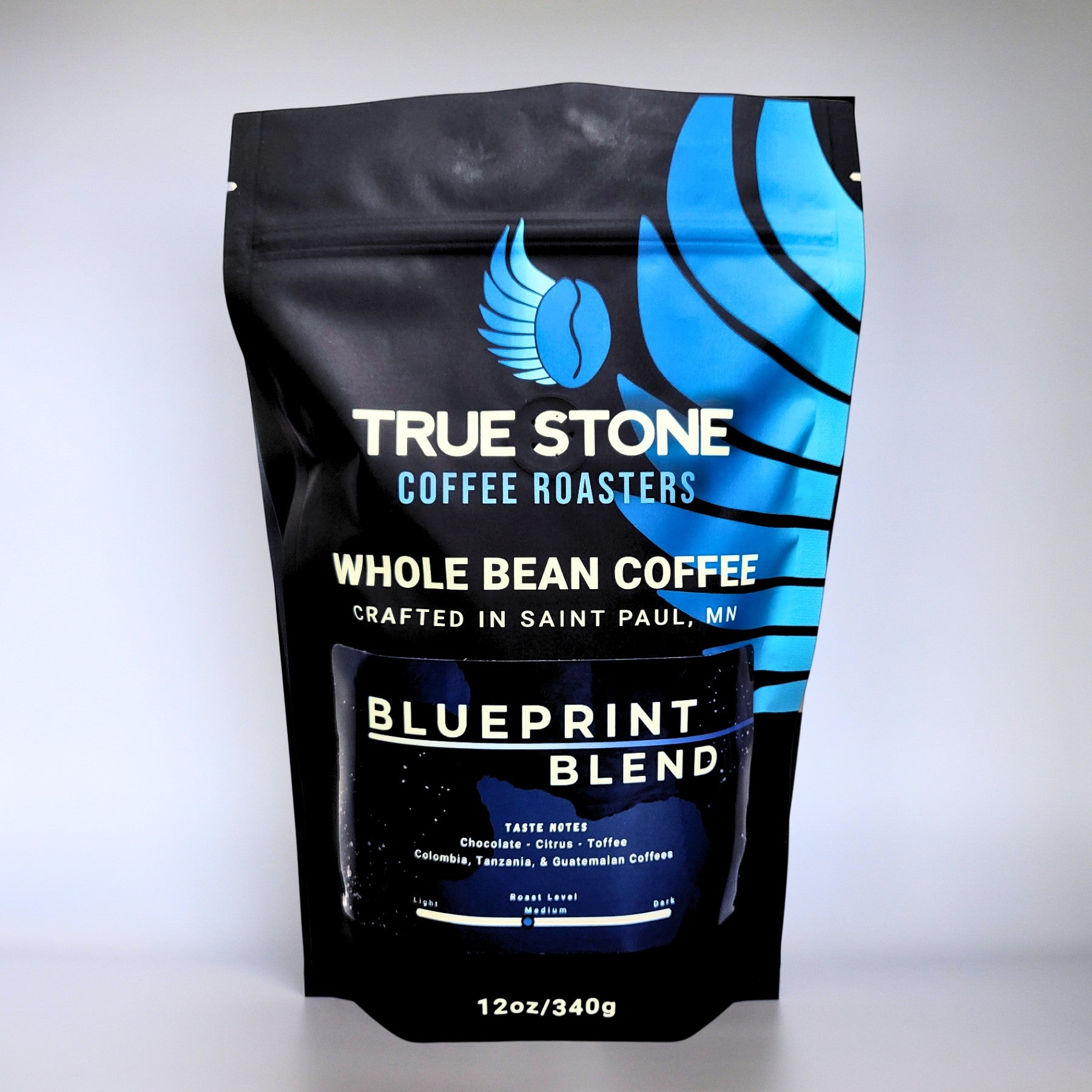 The Hocking Hills Store True Stone Coffee Roasters Blueprint Blend whole bean coffee, light roast with chocolate, citrus, and toffee notes.