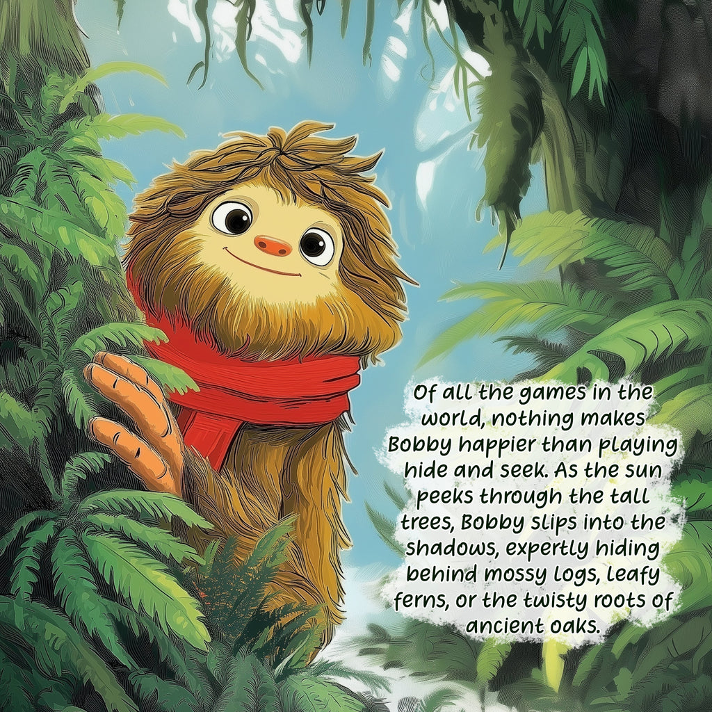 The Hocking Hills Store's Bobby the Bigfoot peeks from behind ferns, wearing a red scarf. Children's book illustration.