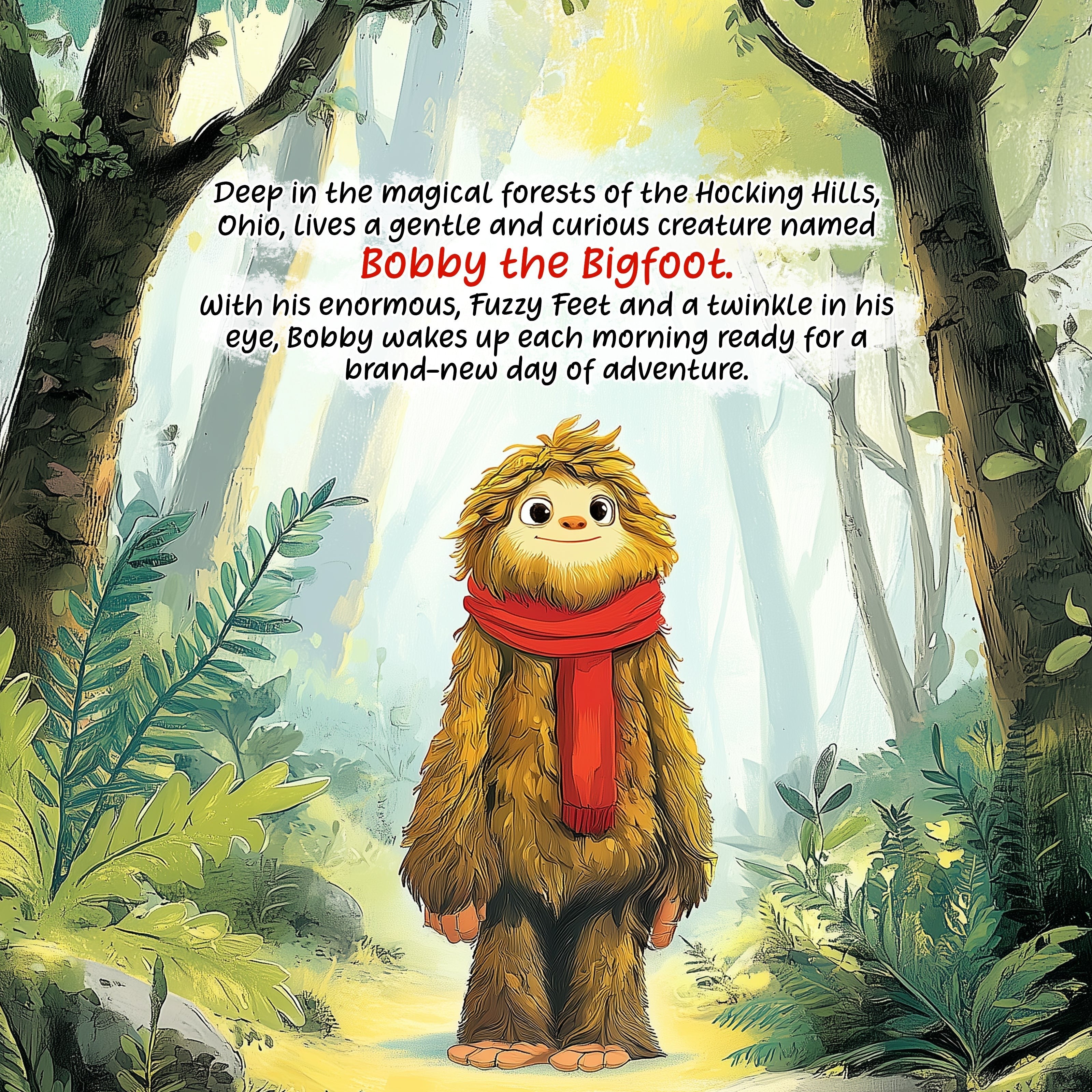 The Hocking Hills Store's Bobby the Bigfoot children's book cover art, featuring a friendly, furry Bigfoot wearing a red scarf in a sunlit forest.