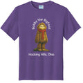 The Hocking Hills Store Bobby the Bigfoot youth t-shirt in purple polyester with a graphic of Bobby the Bigfoot and Hocking Hills, Ohio.