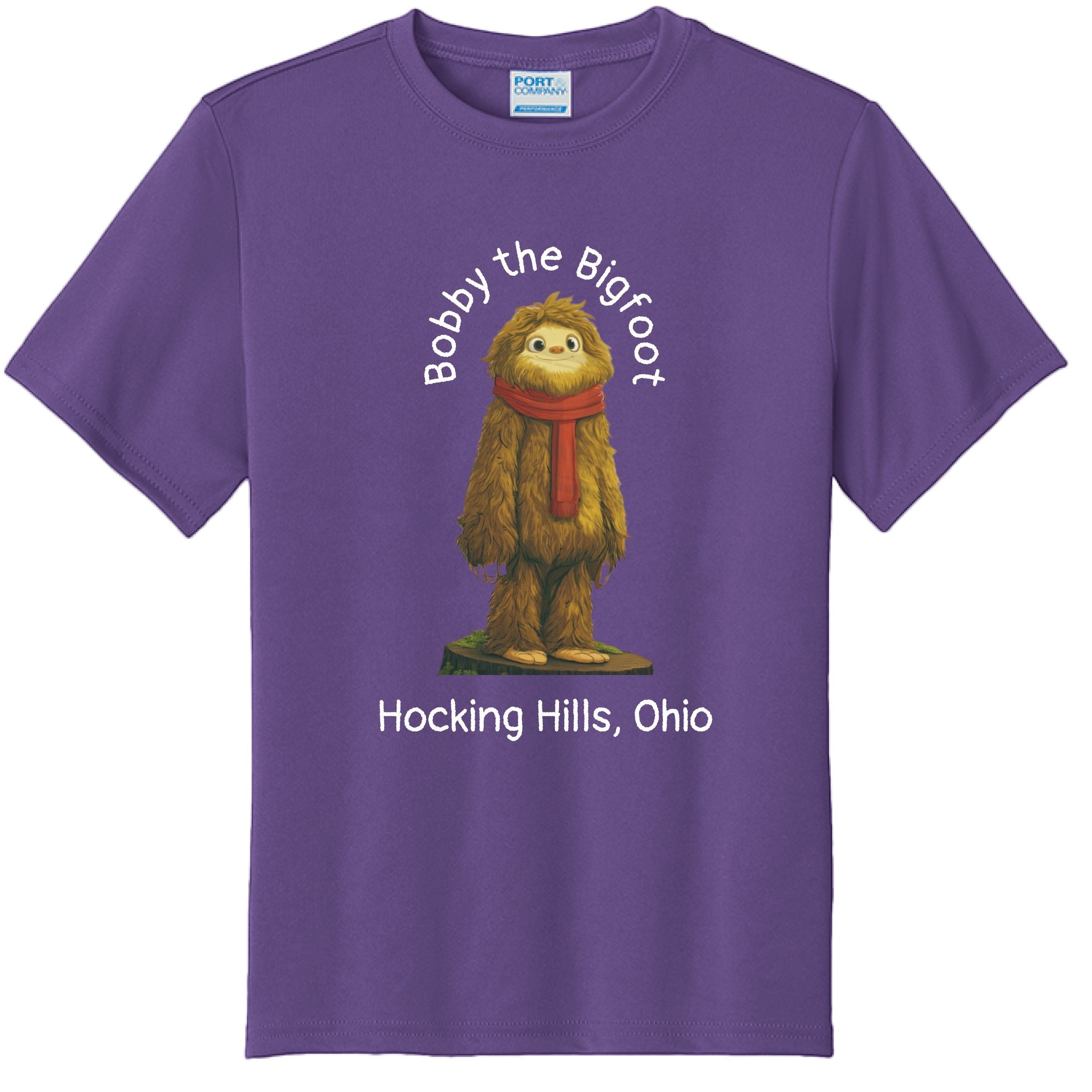 The Hocking Hills Store Bobby the Bigfoot youth t-shirt in purple polyester with a graphic of Bobby the Bigfoot and Hocking Hills, Ohio.