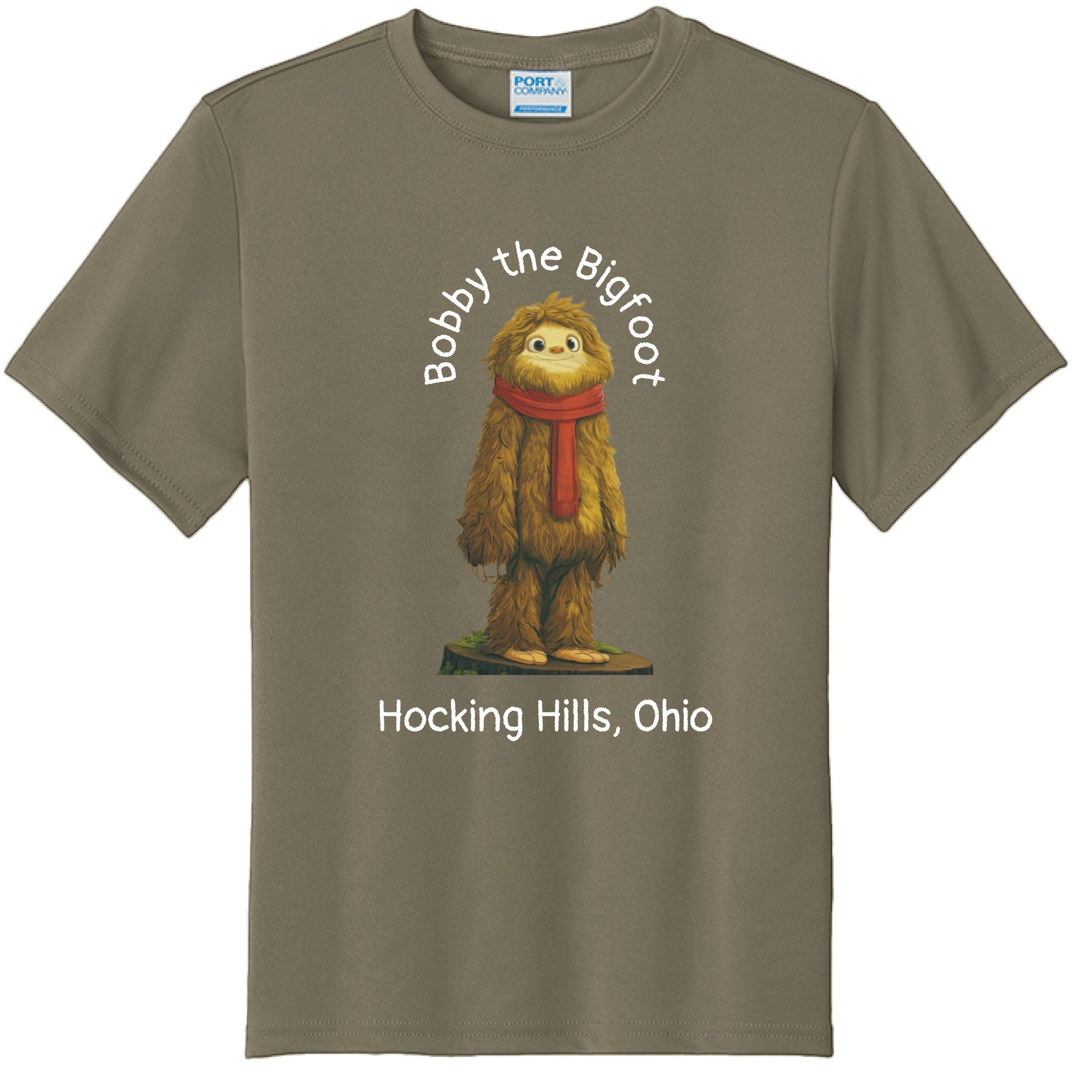 The Hocking Hills Store Bobby the Bigfoot youth t-shirt in brown polyester with a graphic of Bobby the Bigfoot wearing a red scarf.