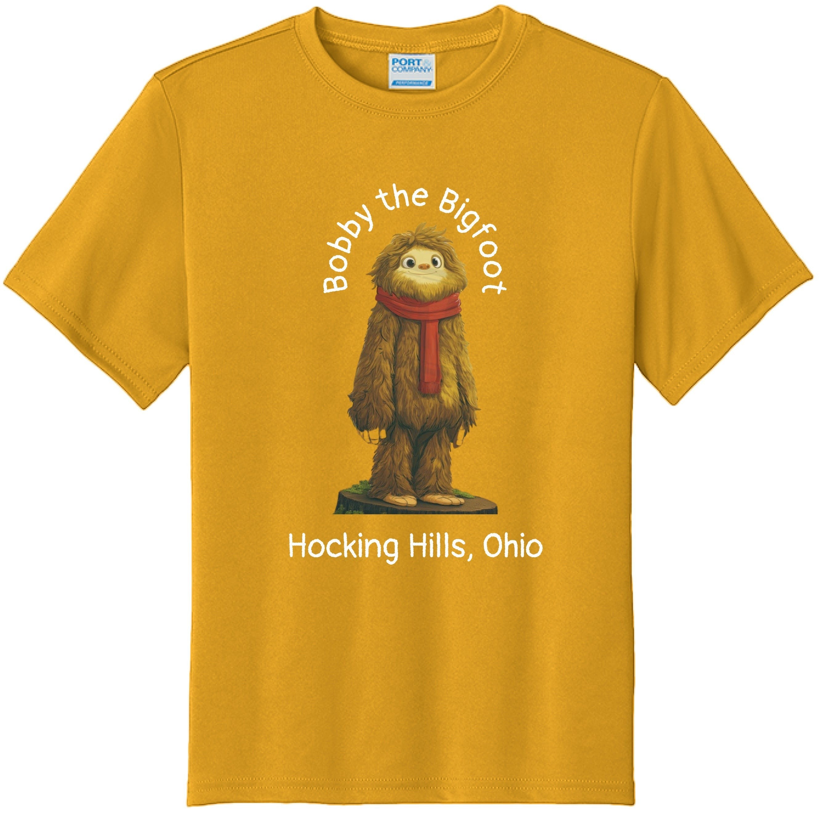The Hocking Hills Store Bobby the Bigfoot youth t-shirt in gold polyester with a graphic of Bobby the Bigfoot wearing a red scarf.